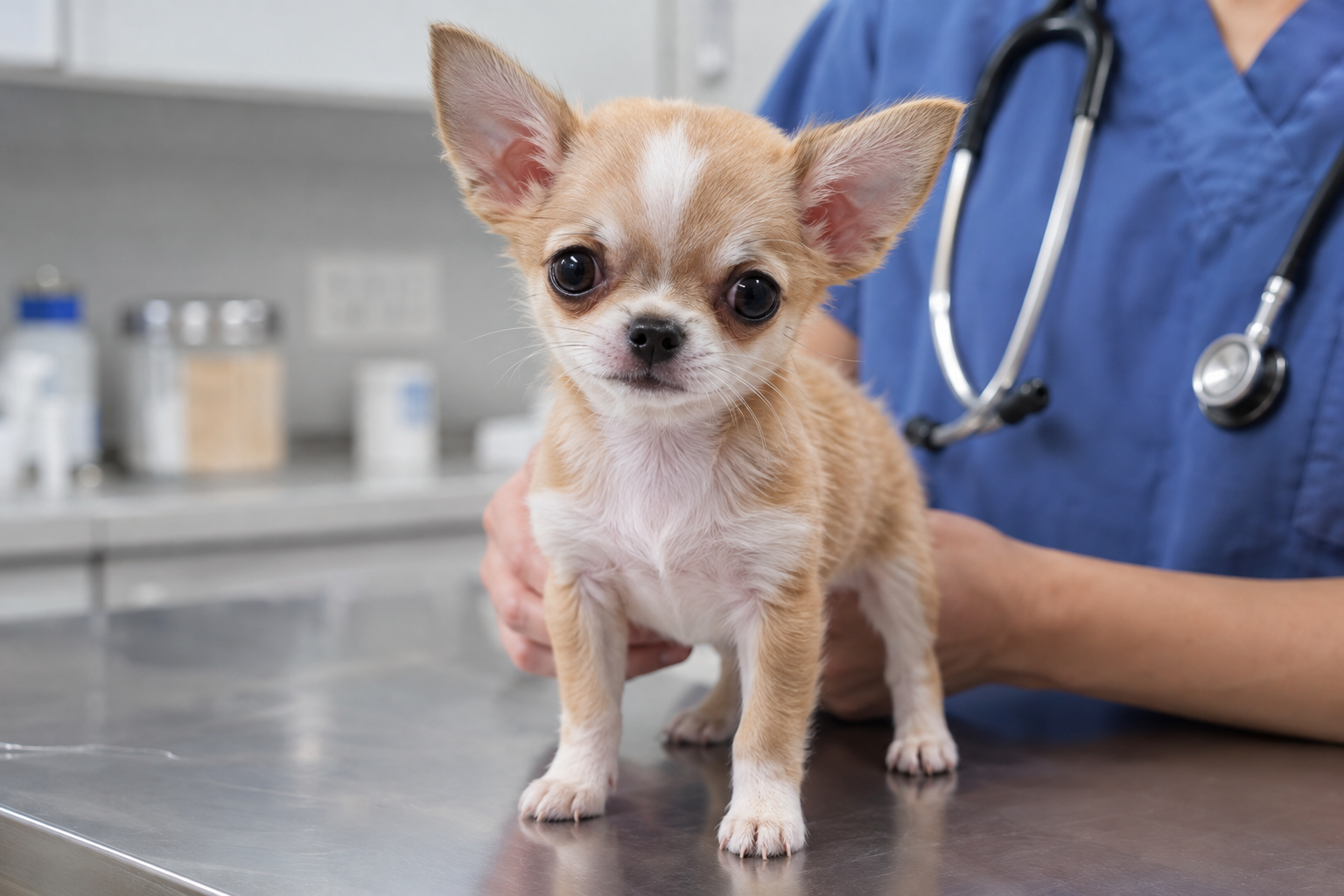 Tan and white Chihuahua puppy with upright ears standing on a metal table, supported by hands.