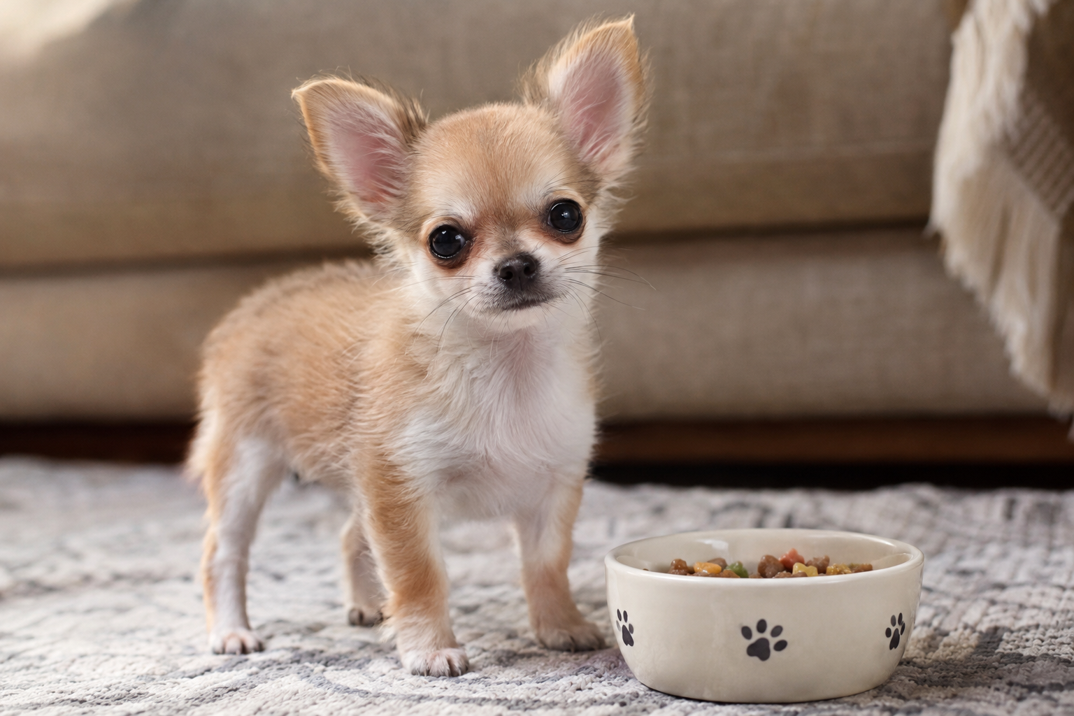 Tan and white Chihuahua puppy with upright ears standing on a patterned rug beside a paw-print food bowl.