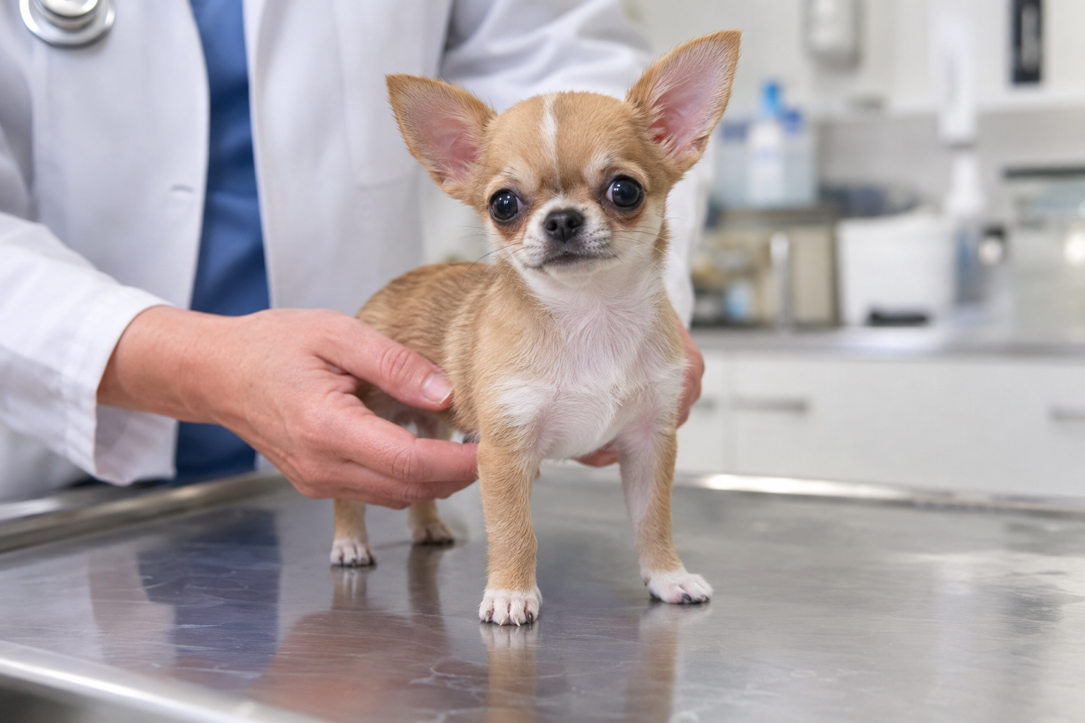 Tan and white Chihuahua puppy with upright ears standing on a metal table, supported by hands.