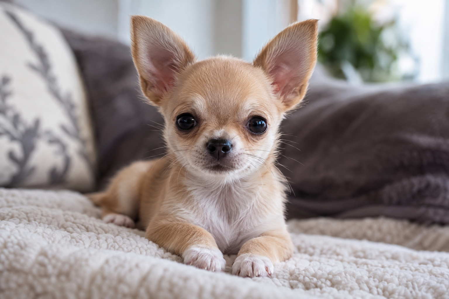 Tan and white Chihuahua puppy with upright ears and dark eyes lying on a cream blanket.
