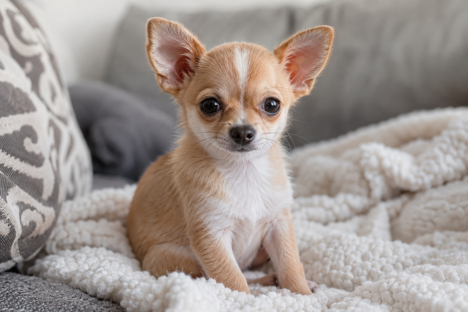 Tan and white Chihuahua puppy with upright ears sitting on a cream blanket on a gray sofa.
