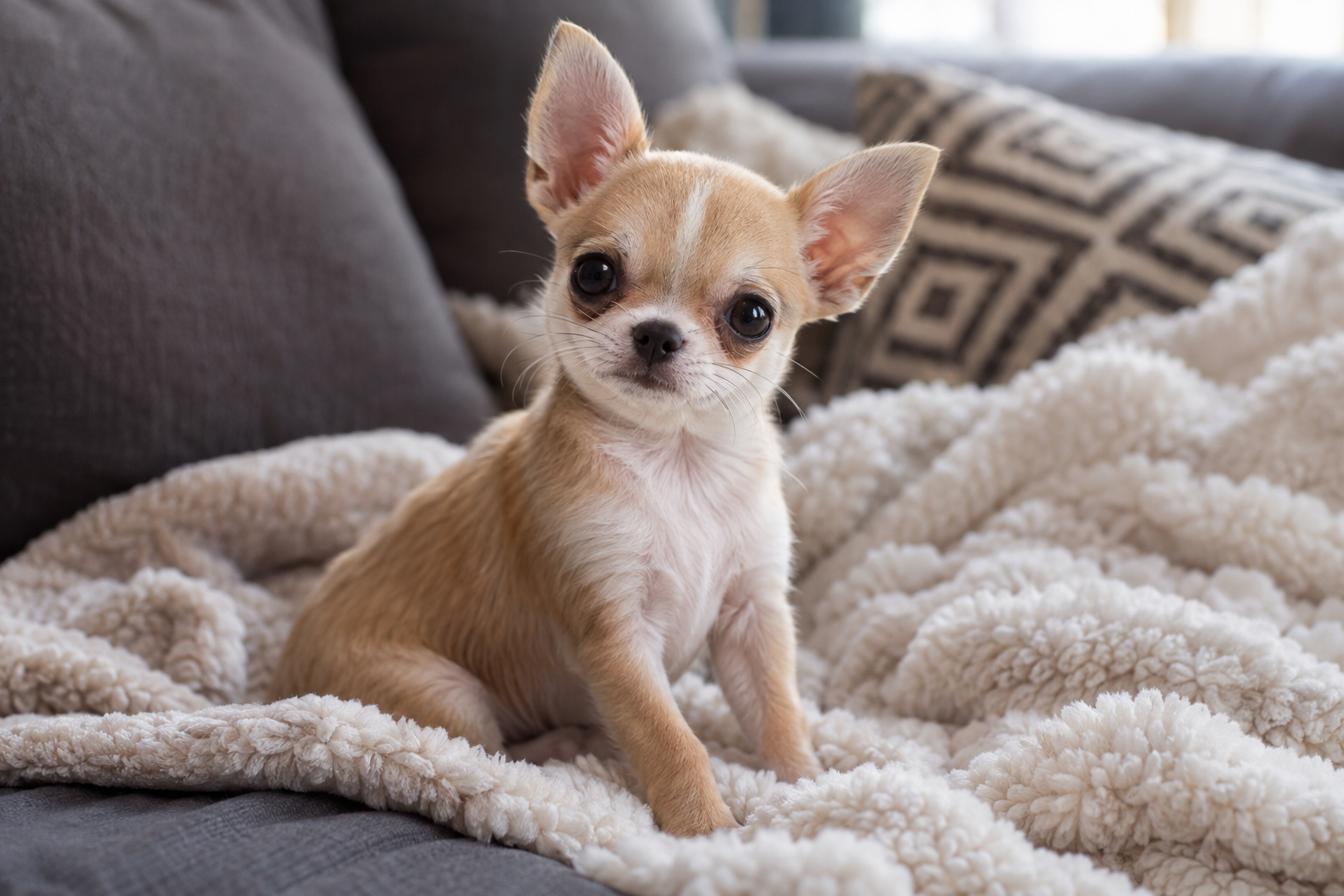 Tan and white Chihuahua puppy with upright ears sitting on a cream fleece blanket on a gray sofa.