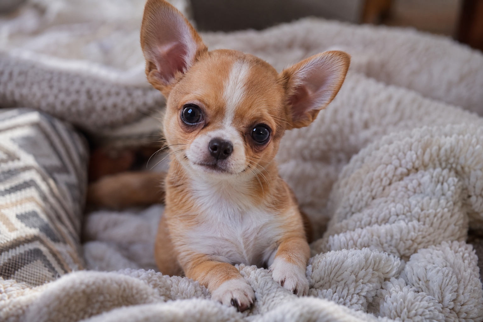 Tan and white Chihuahua puppy with upright ears and dark eyes resting its front paws on a cream blanket.