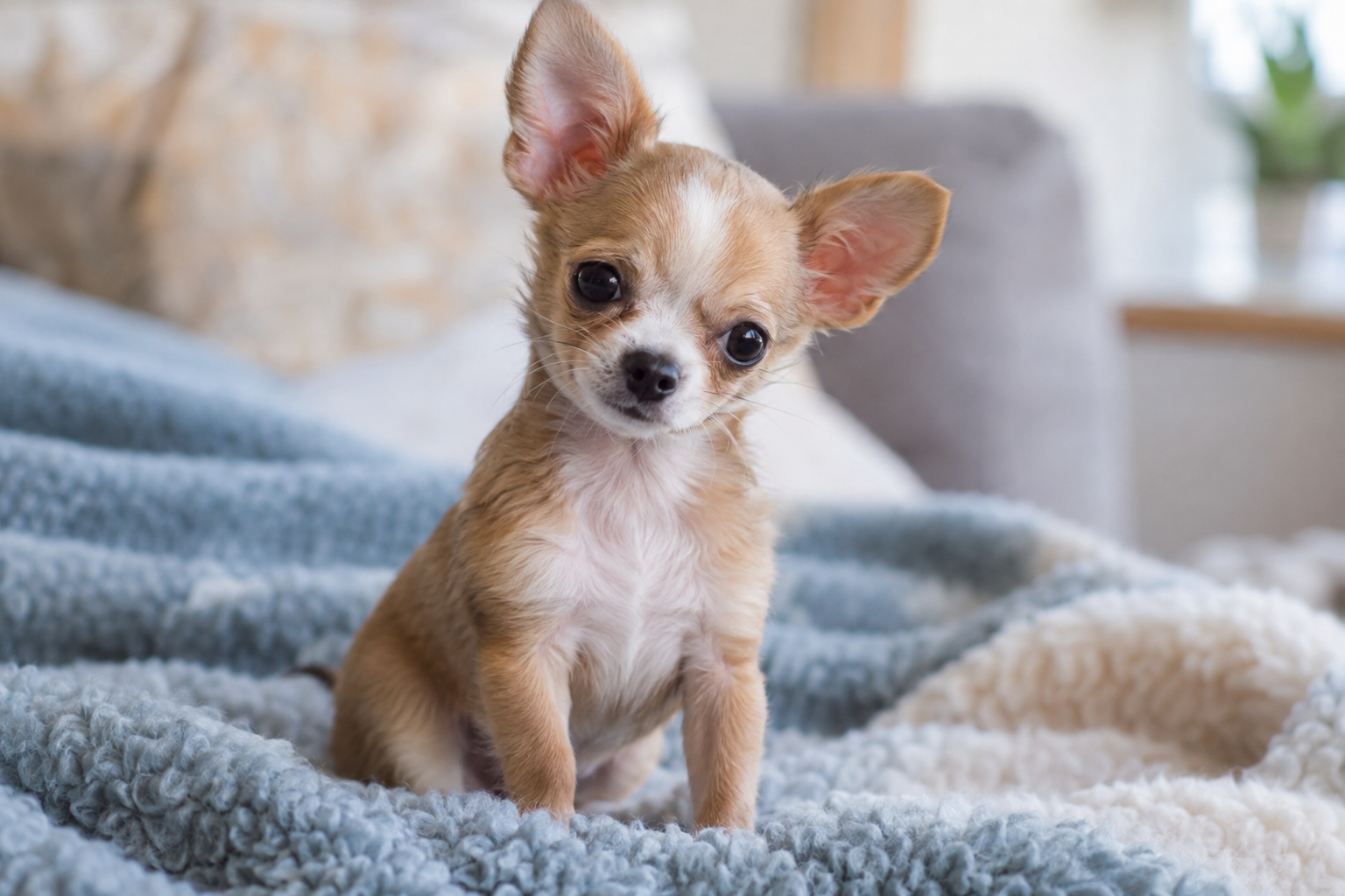 Tan and white Chihuahua puppy with large upright ears and a tilted head, sitting on a blue textured blanket.