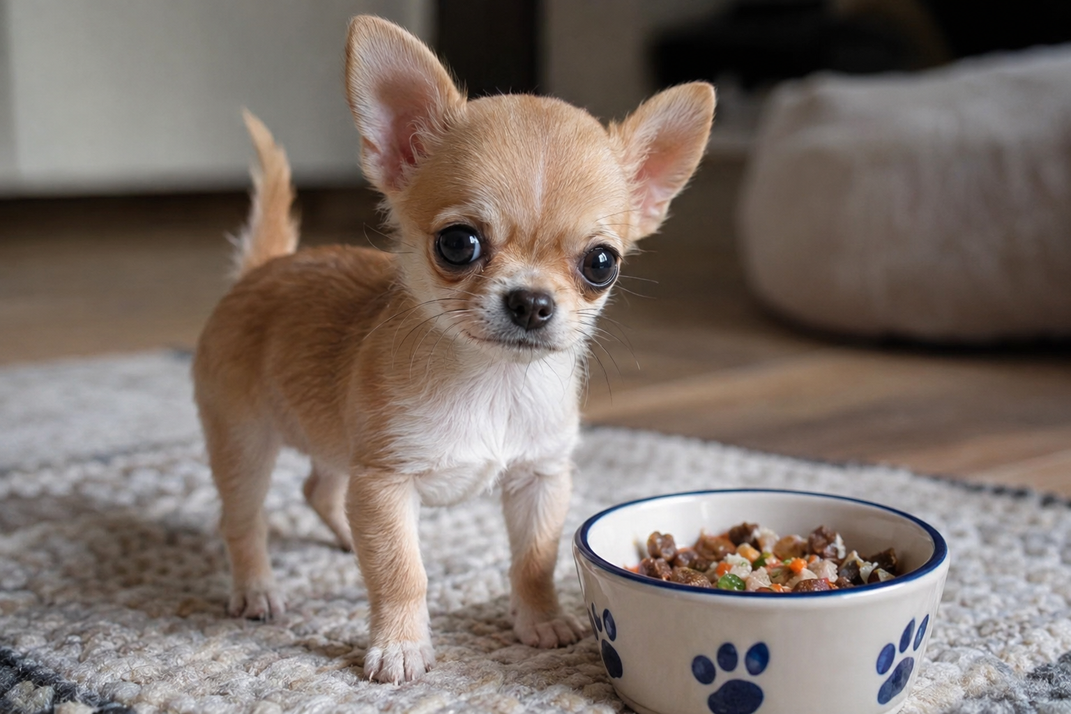 Tan and white Chihuahua puppy with upright ears standing on a rug beside a paw-print food bowl.