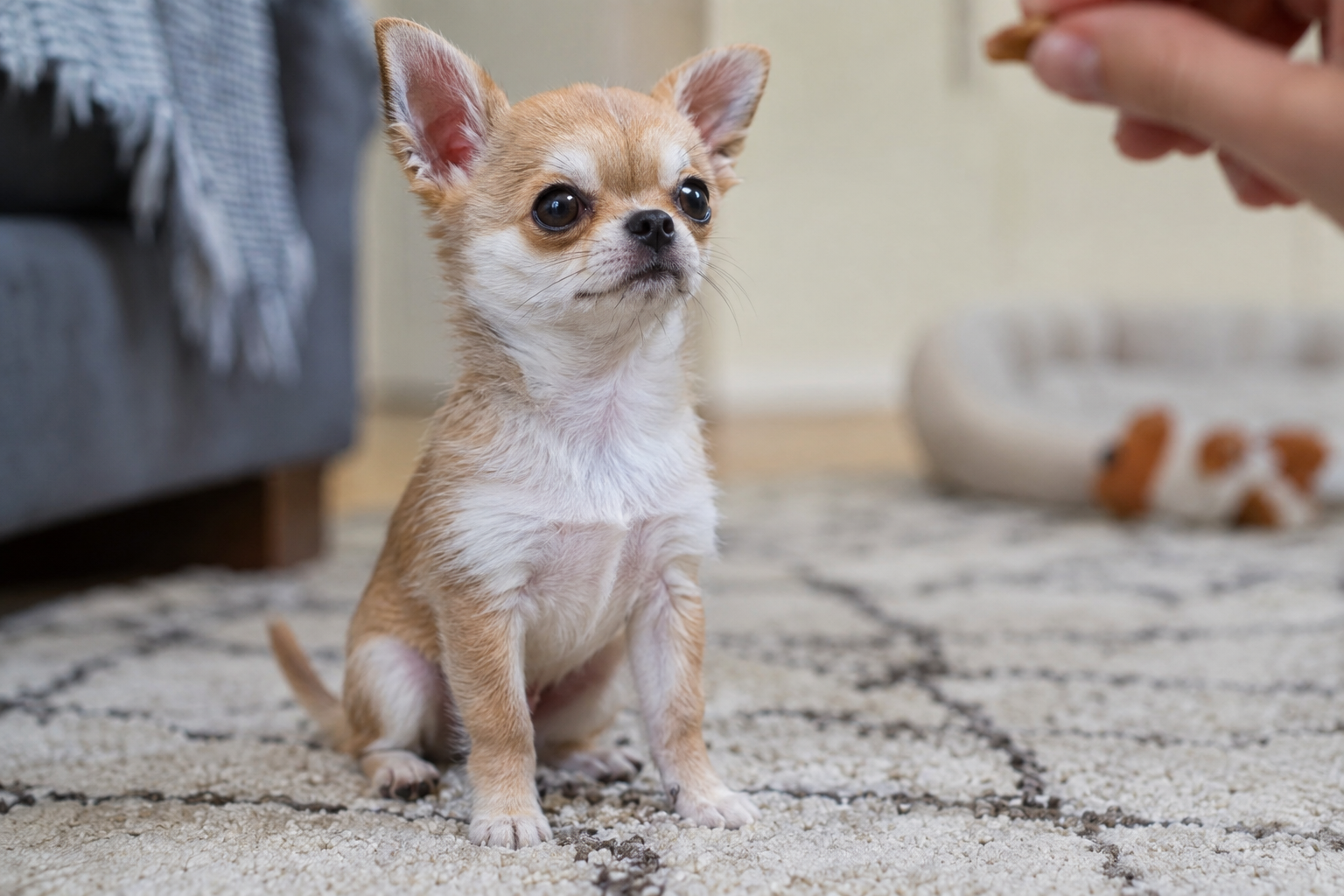Tan and white Chihuahua puppy with upright ears sitting on a patterned rug, watching a hand holding a treat.