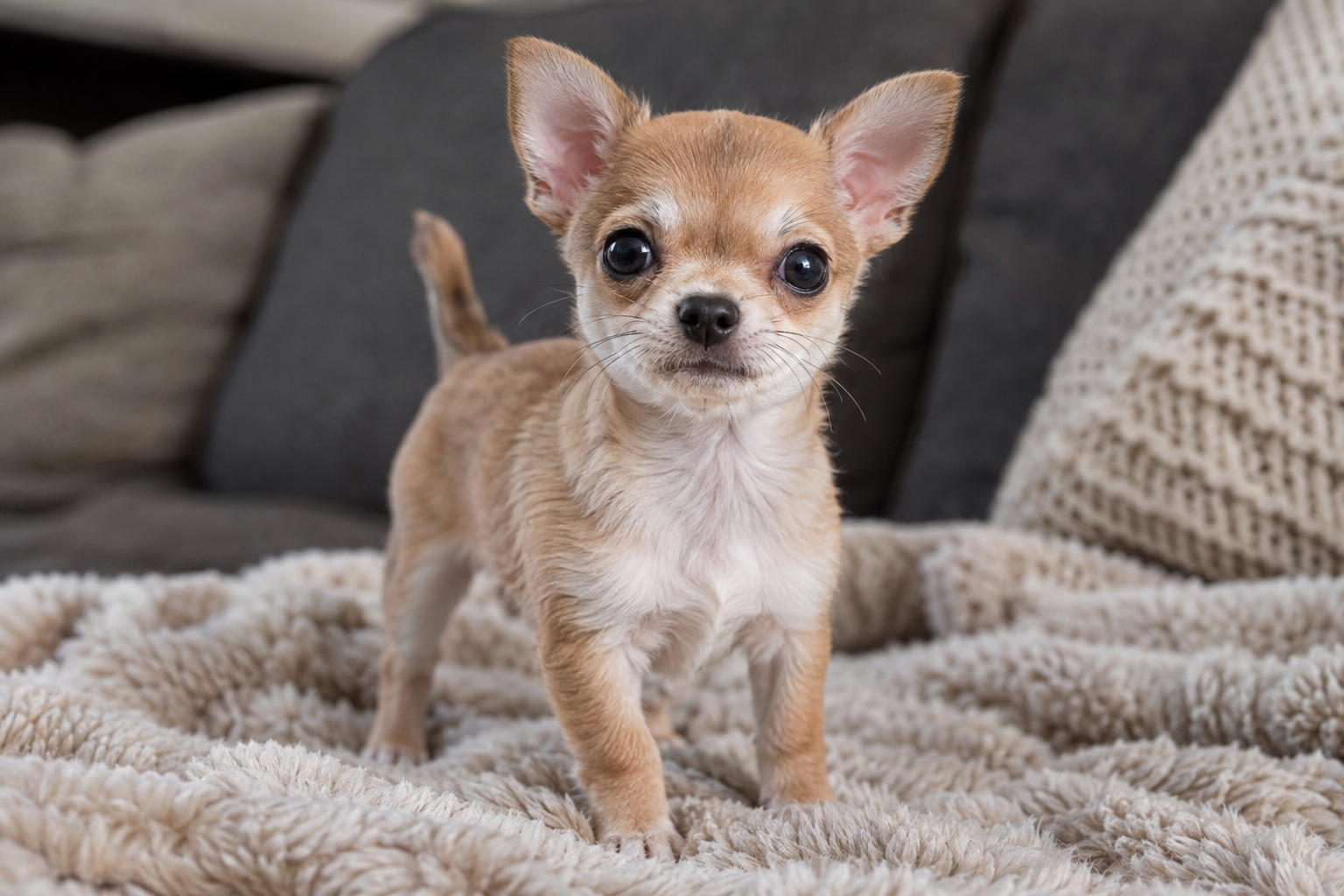 Tan Chihuahua puppy with upright ears and a white chest standing on a fluffy cream blanket on a sofa.