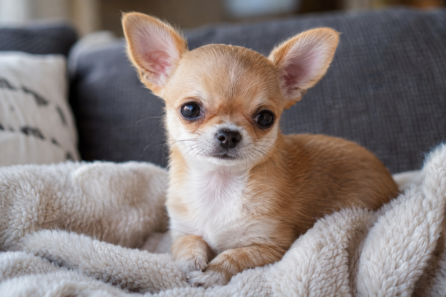 Tan and white Chihuahua puppy with upright ears and dark eyes lying on a cream blanket on a gray sofa.