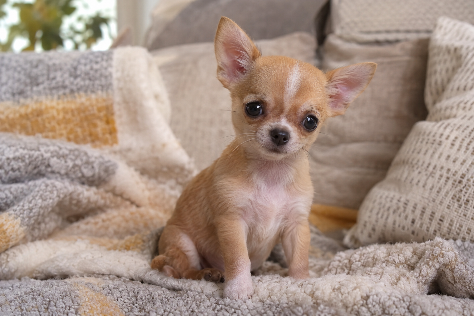 Tan and white Chihuahua puppy with large upright ears sitting on a textured blanket beside cushions.