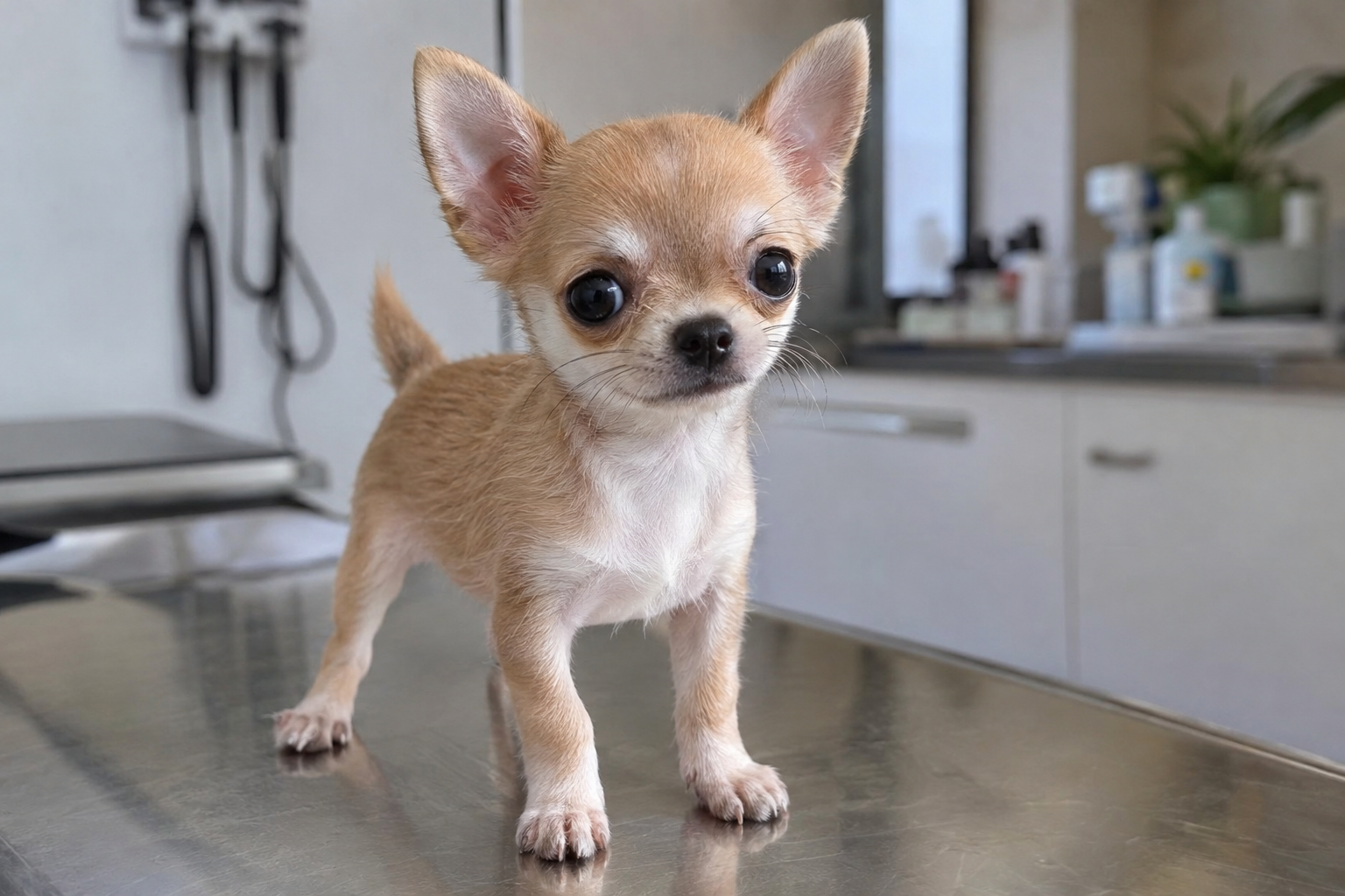 Tan and white Chihuahua puppy with upright ears and dark eyes standing on a reflective metal table.