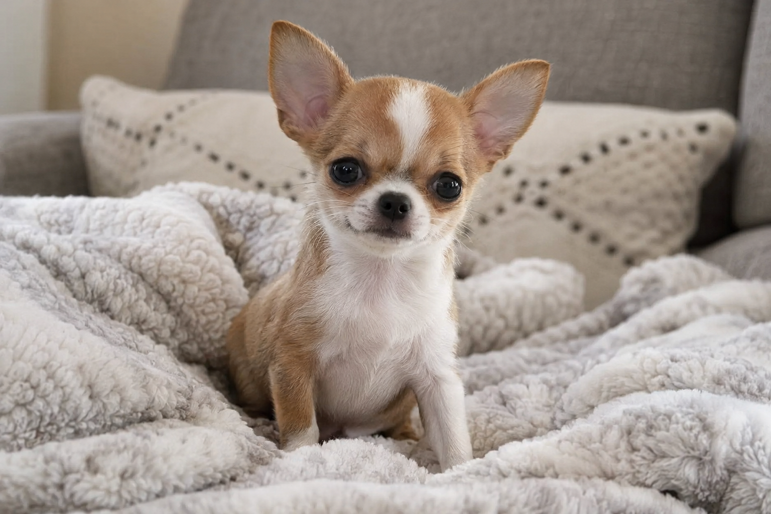 Tan and white Chihuahua puppy with upright ears sitting on a fluffy cream blanket on a sofa.