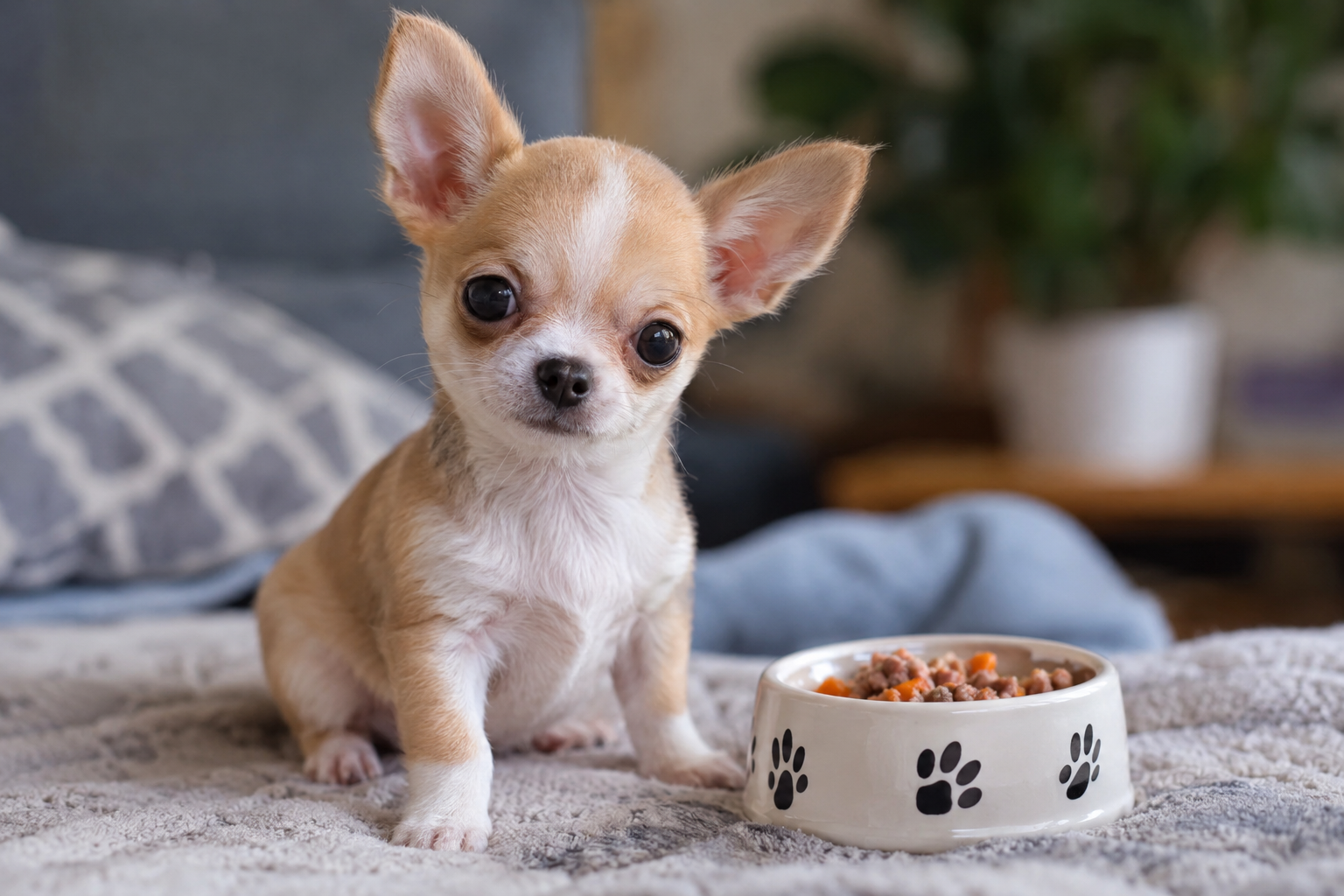 Tan and white Chihuahua puppy with upright ears sitting on a blanket beside a paw-print food bowl.