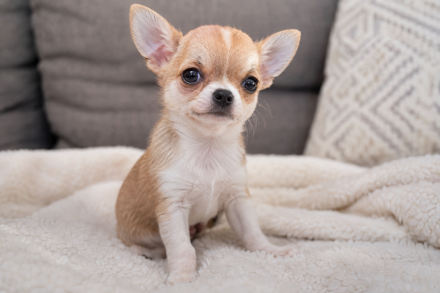 Tan and white Chihuahua puppy with upright ears sitting on a cream blanket on a gray sofa.