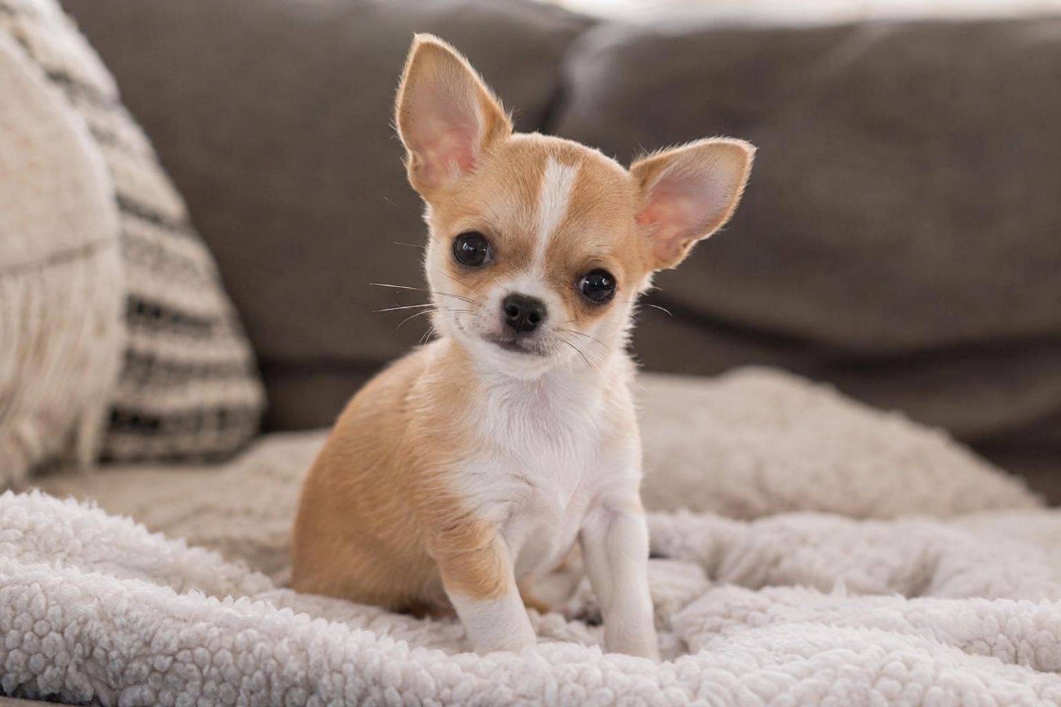 Tan and white Chihuahua puppy with upright ears and a tilted head sitting on a cream blanket.