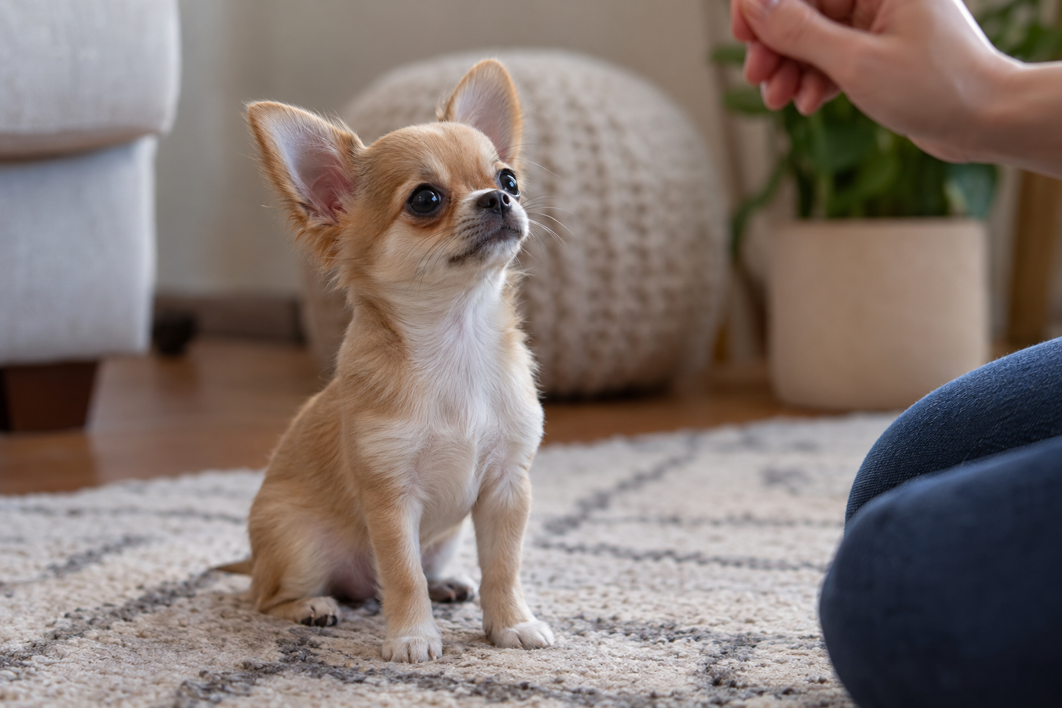Tan and white Chihuahua puppy with upright ears sitting on a patterned rug, looking up at a hand.