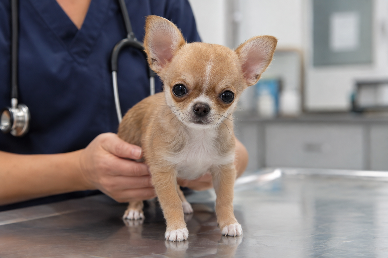 Tan and white Chihuahua puppy with upright ears standing on a metal table, supported by a person's hands.