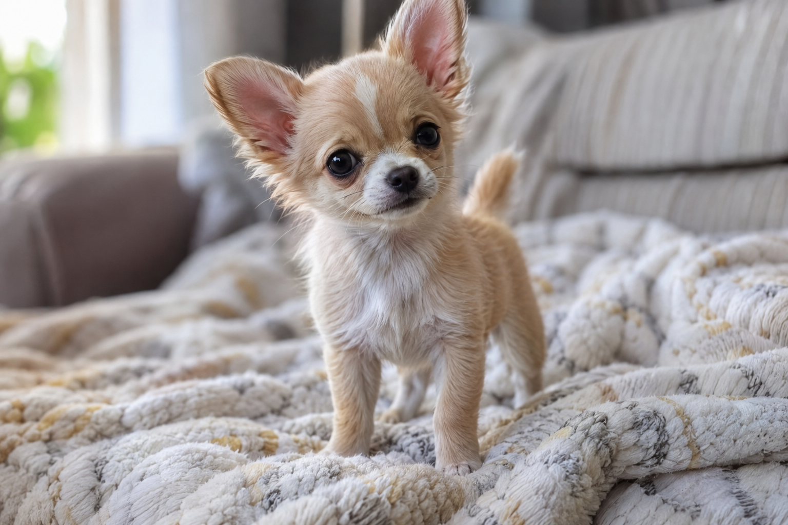 Tan and white Chihuahua puppy with large upright ears standing on a textured blanket on a sofa.