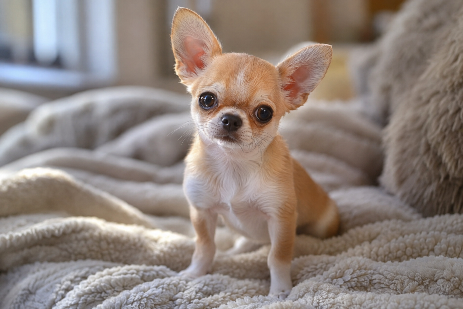 Tan and white Chihuahua puppy with large upright ears and dark eyes sitting on a cream textured blanket.