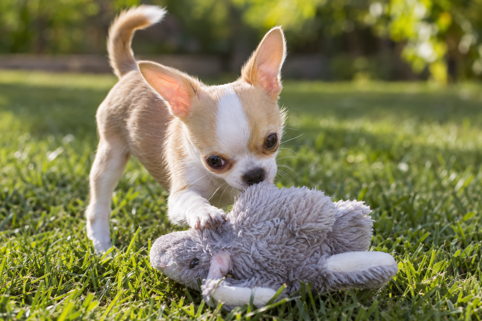 Tan and white Chihuahua puppy with upright ears playing with a gray plush rabbit on sunlit grass.