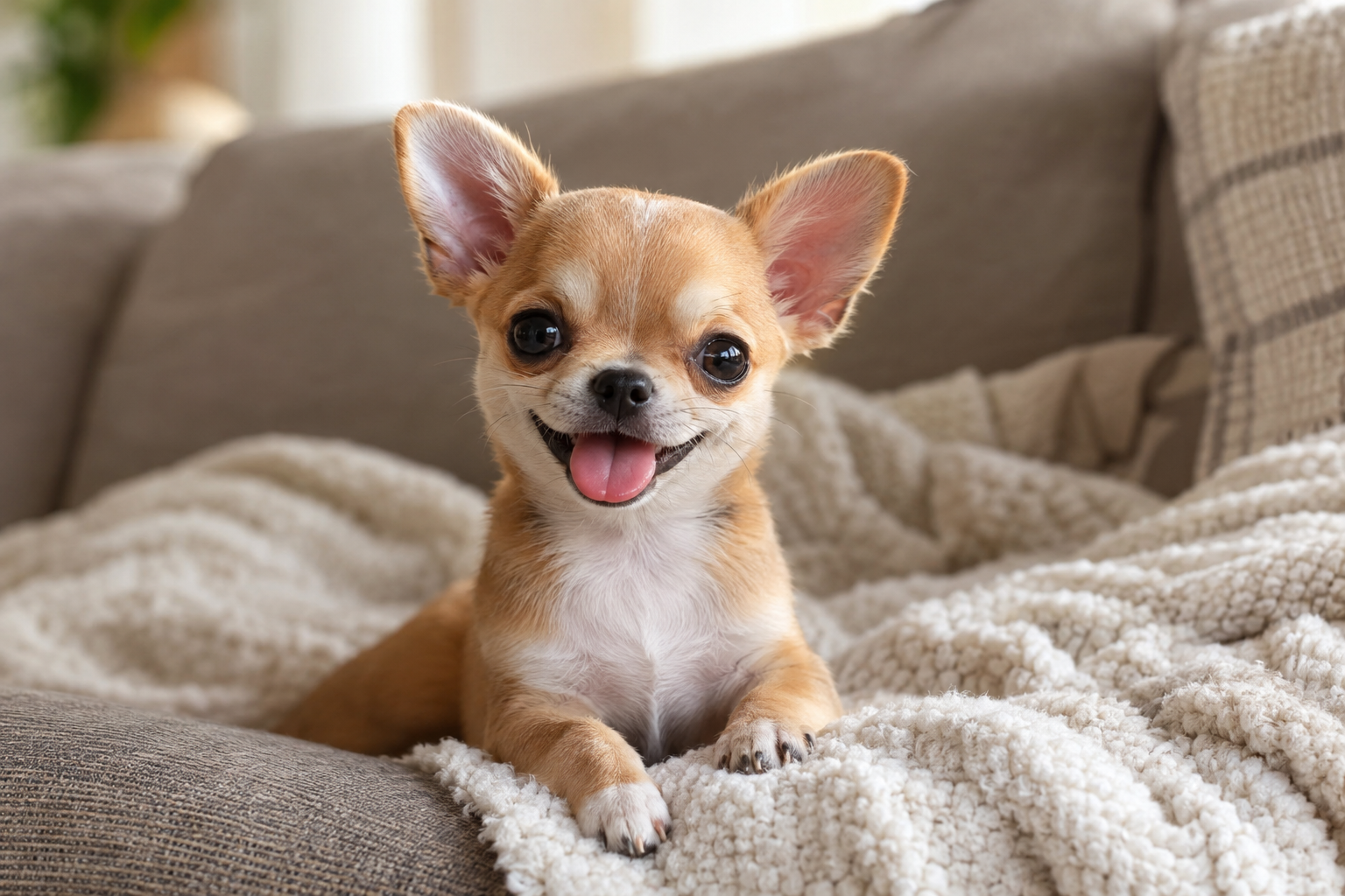 Tan and white Chihuahua puppy with upright ears and tongue out, resting on a cream blanket on a sofa.