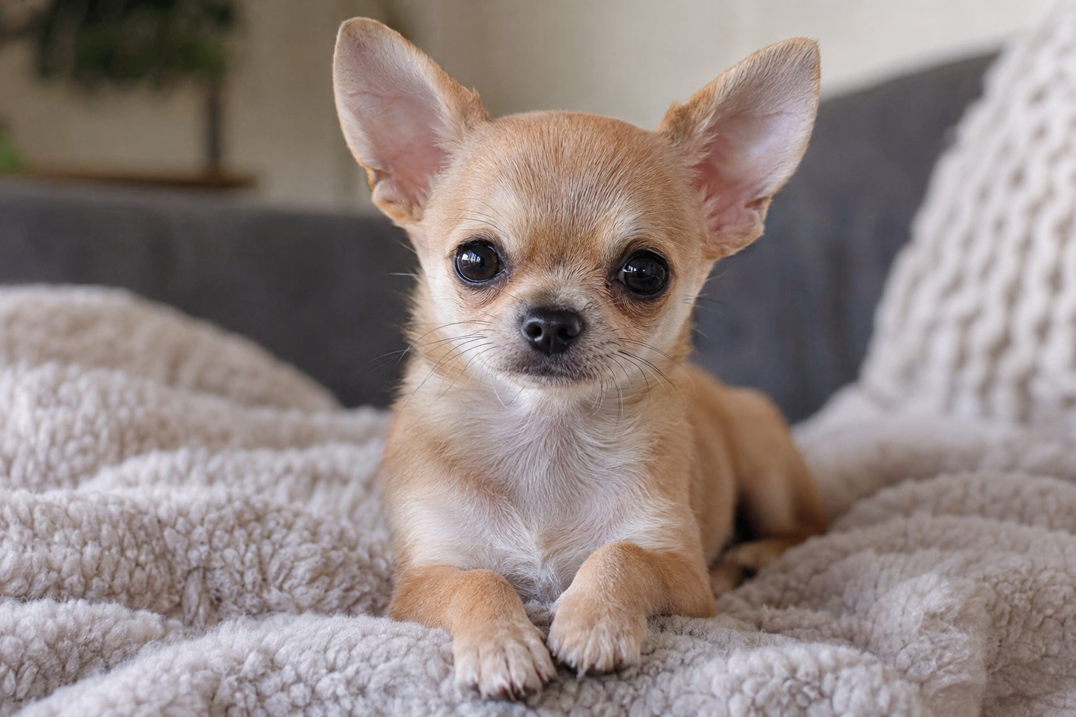 Tan Chihuahua puppy with upright ears, dark eyes, and a white chest lying on a cream blanket.