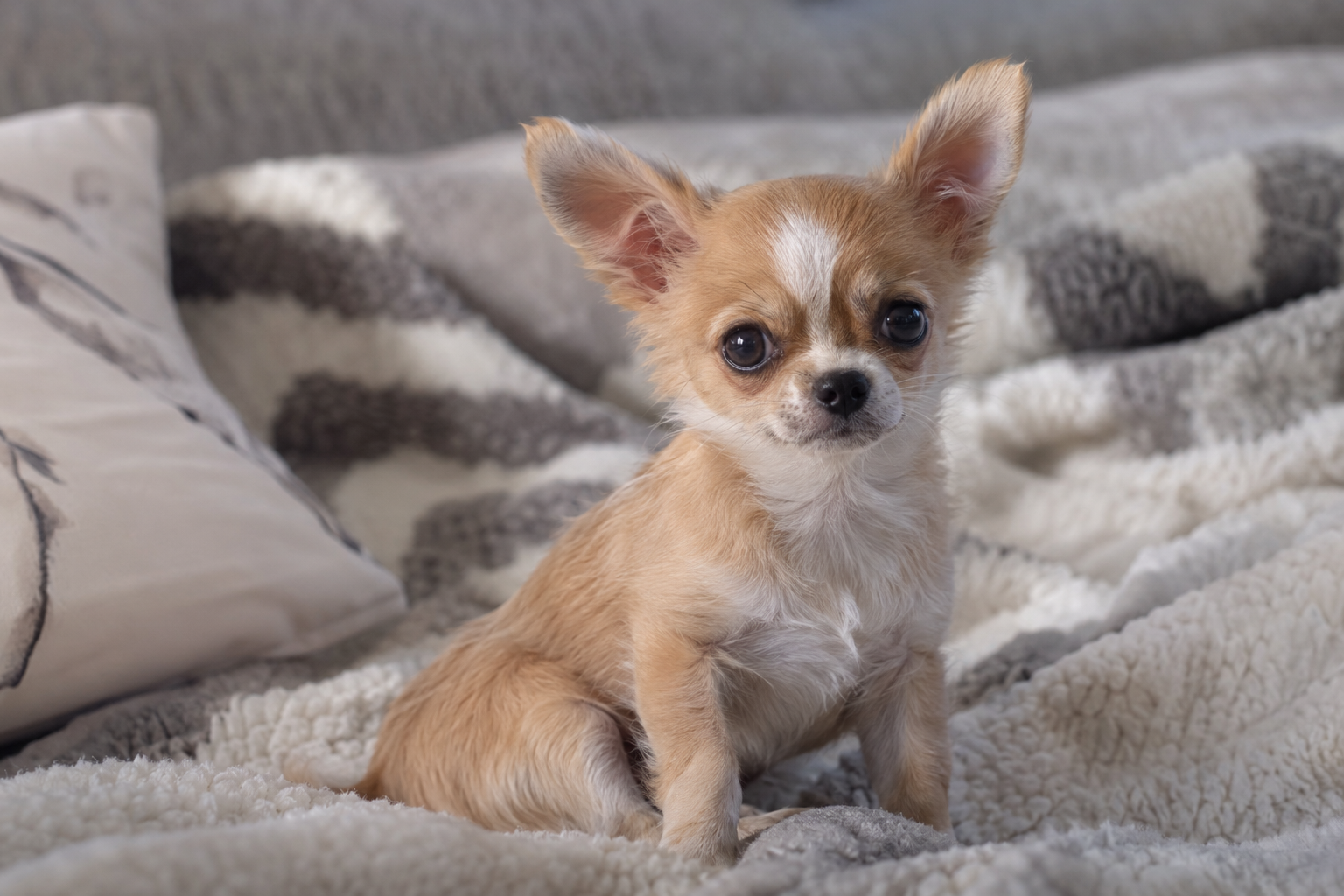 Tan and white Chihuahua puppy with upright ears sitting on a gray and white blanket.