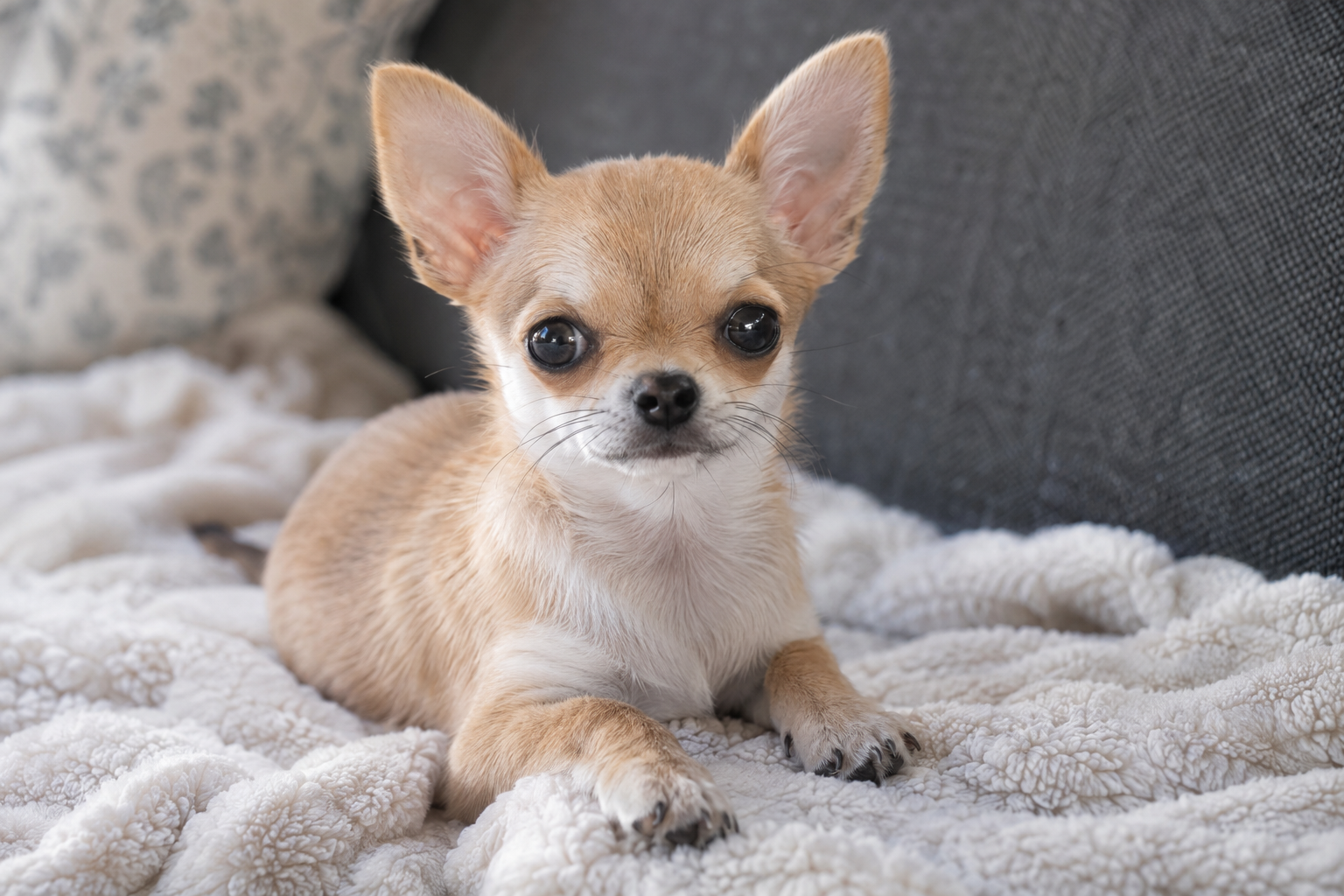 Tan and white Chihuahua puppy with upright ears lying on a cream blanket on a gray sofa.