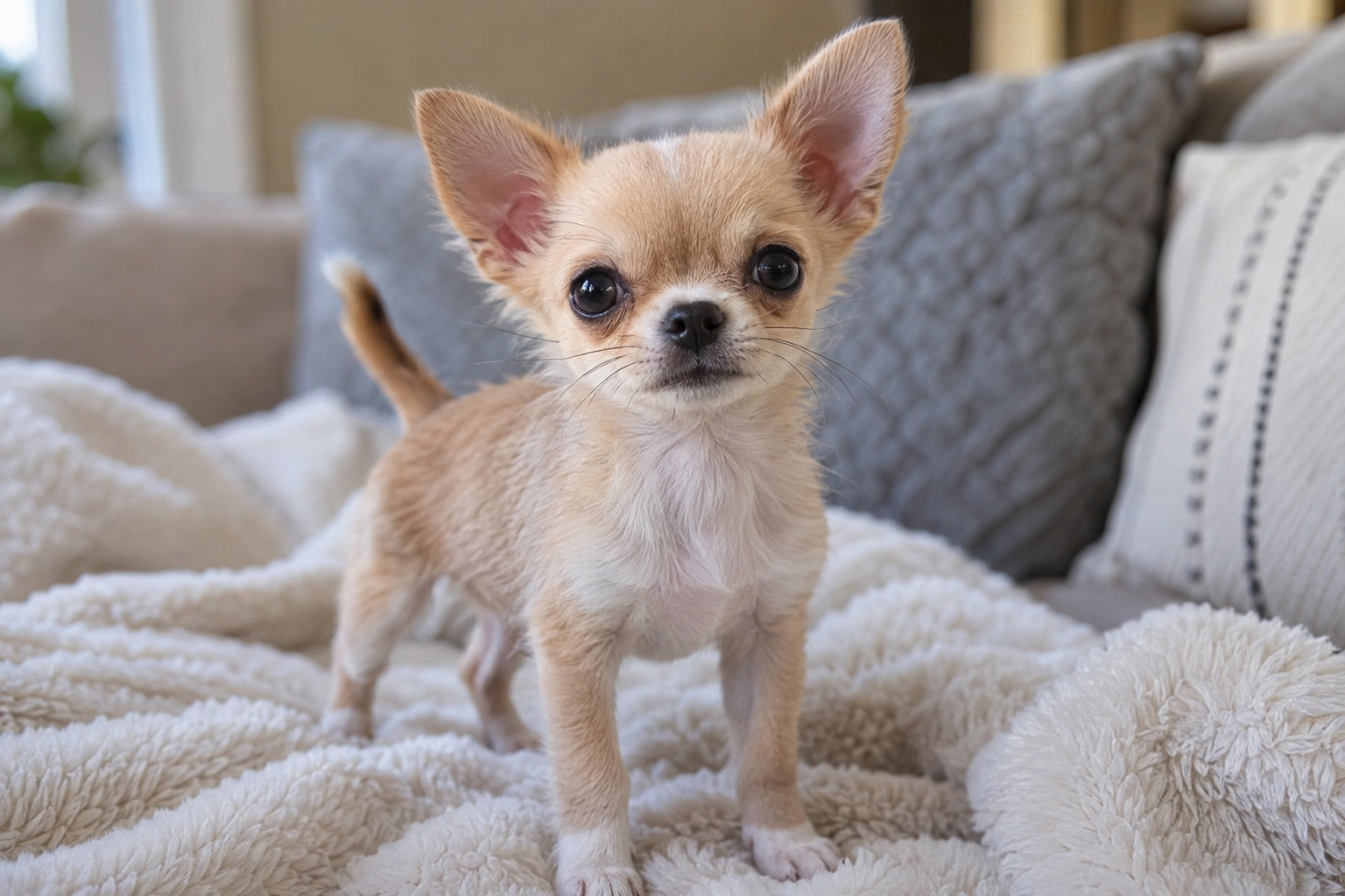Tan Chihuahua puppy with upright ears and a white chest standing on a cream blanket with gray cushions behind it.