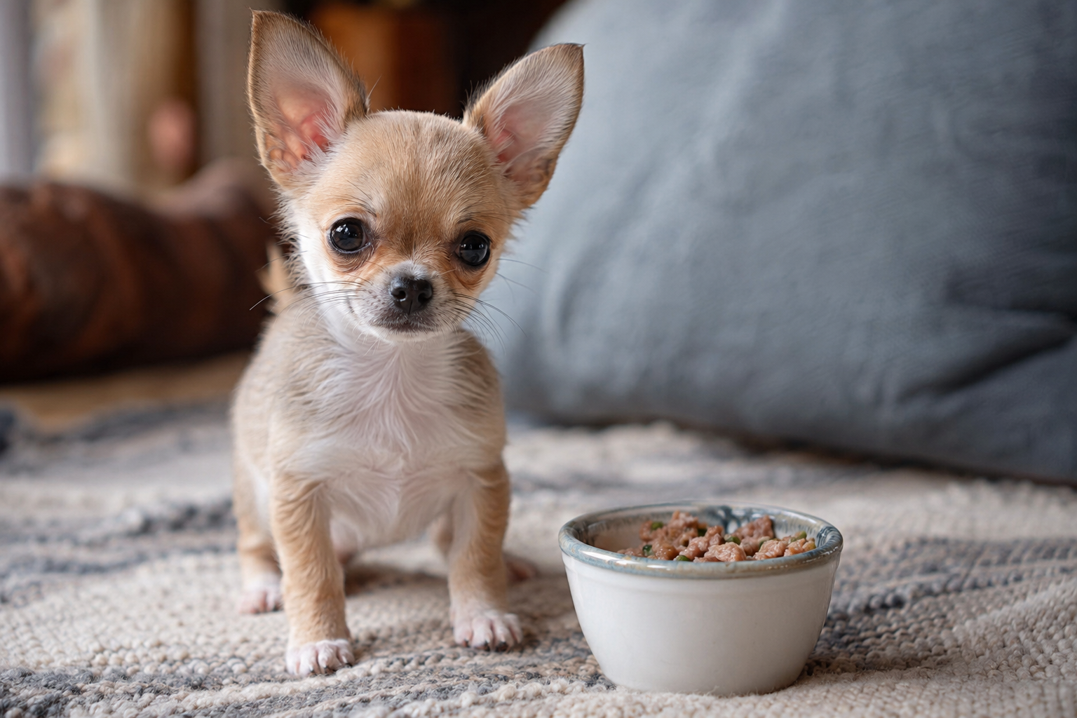 Tan and white Chihuahua puppy with upright ears sitting on a patterned rug beside a bowl of food.