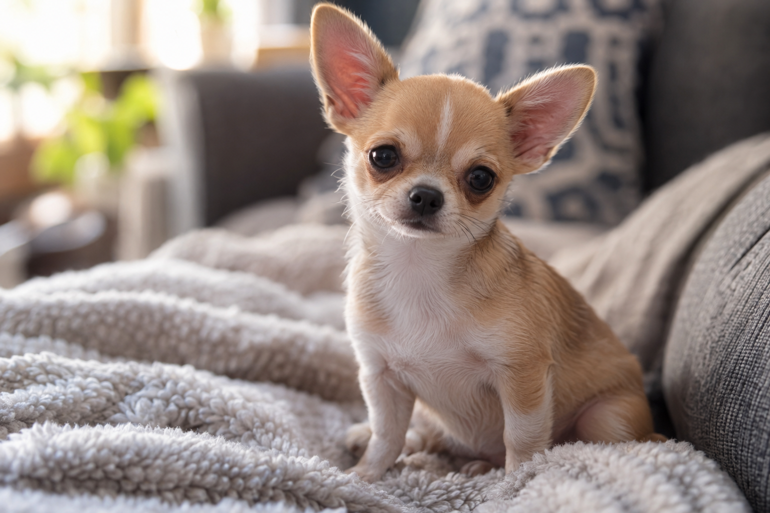 Tan and white Chihuahua puppy with upright ears and dark eyes sitting on a cream blanket on a gray sofa.