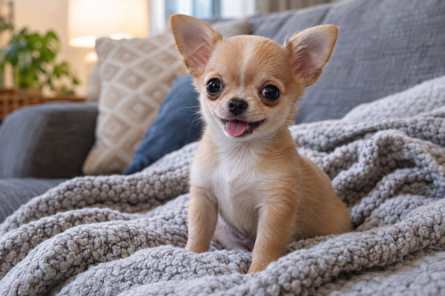 Tan and white Chihuahua puppy with upright ears and tongue out, sitting on a gray knitted blanket on a sofa.