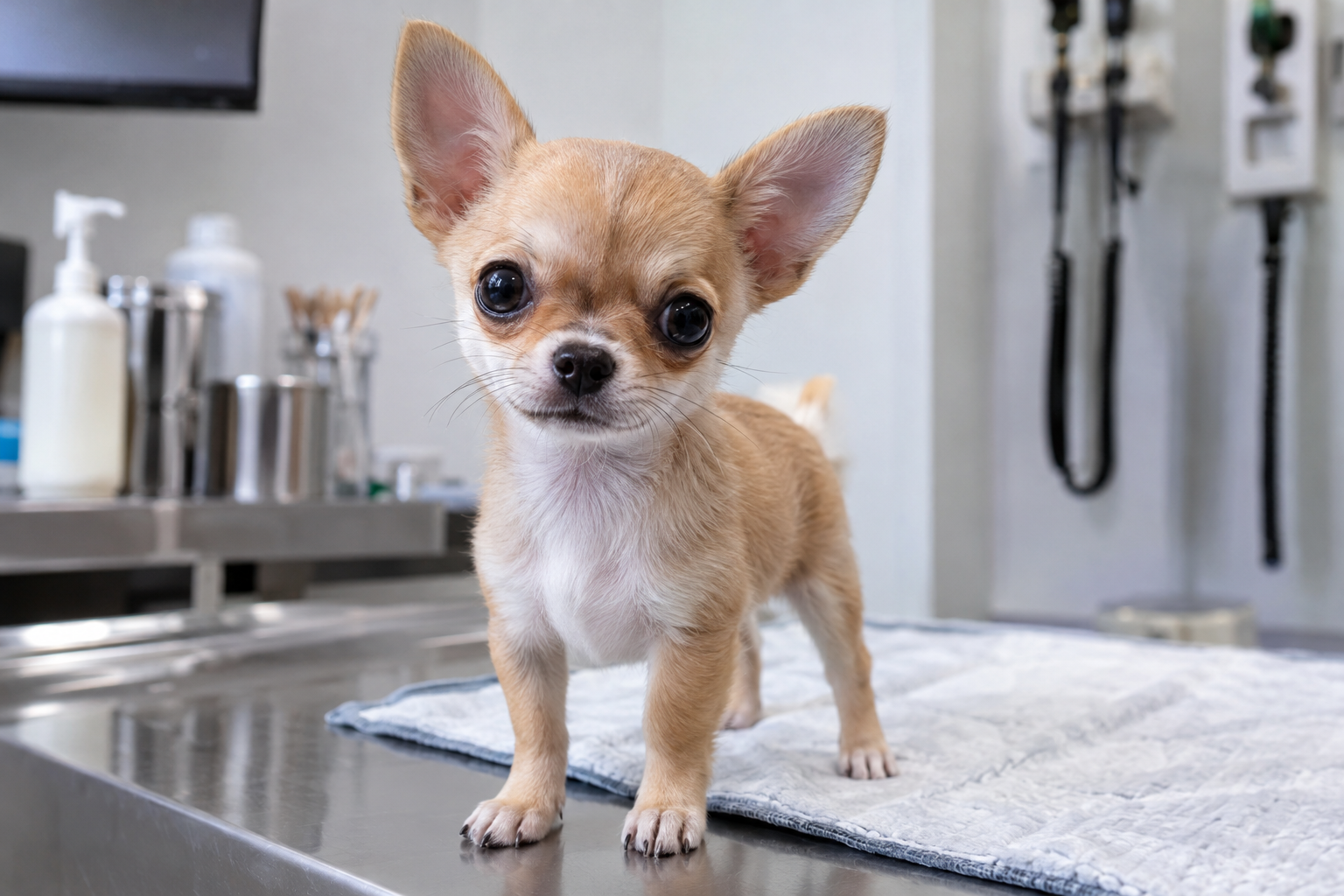 Tan and white Chihuahua puppy with upright ears standing on a metal table beside a pale towel.