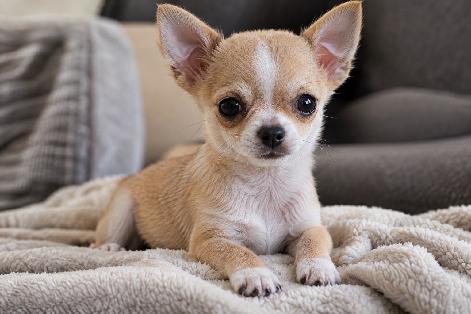 Tan and white Chihuahua puppy with upright ears and dark eyes lying on a cream blanket.