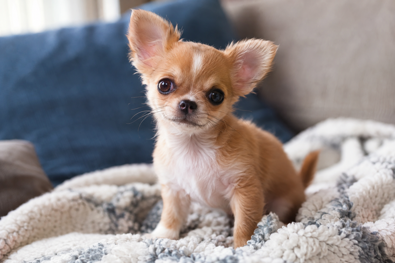 Tan and white Chihuahua puppy with upright ears sitting on a textured blanket on a sofa.