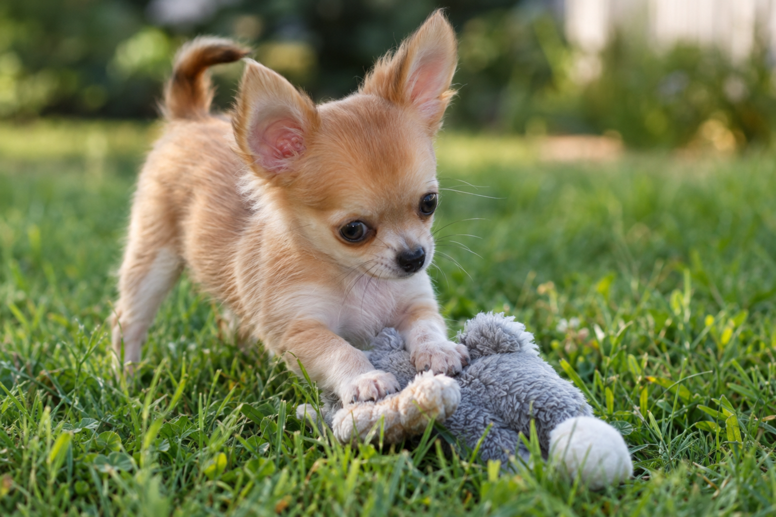 Tan and cream Chihuahua puppy with upright ears and a curled tail, playing with a gray plush toy on grass.