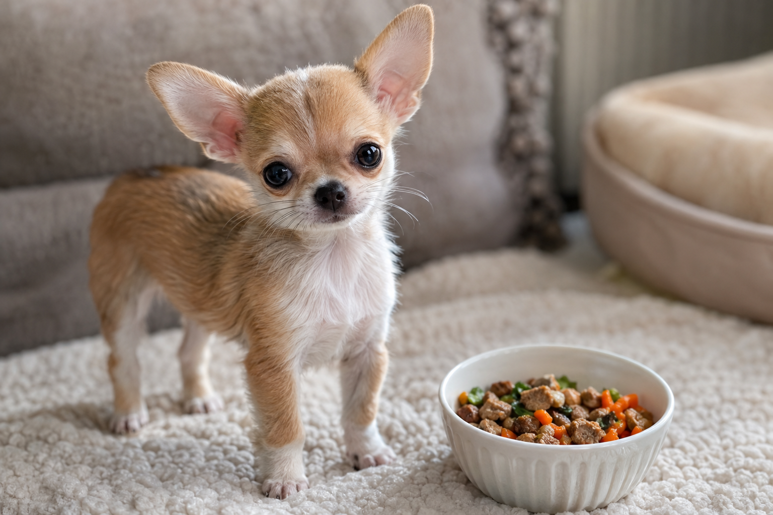 Tan and white Chihuahua puppy with upright ears standing on a cream rug beside a white bowl of food.