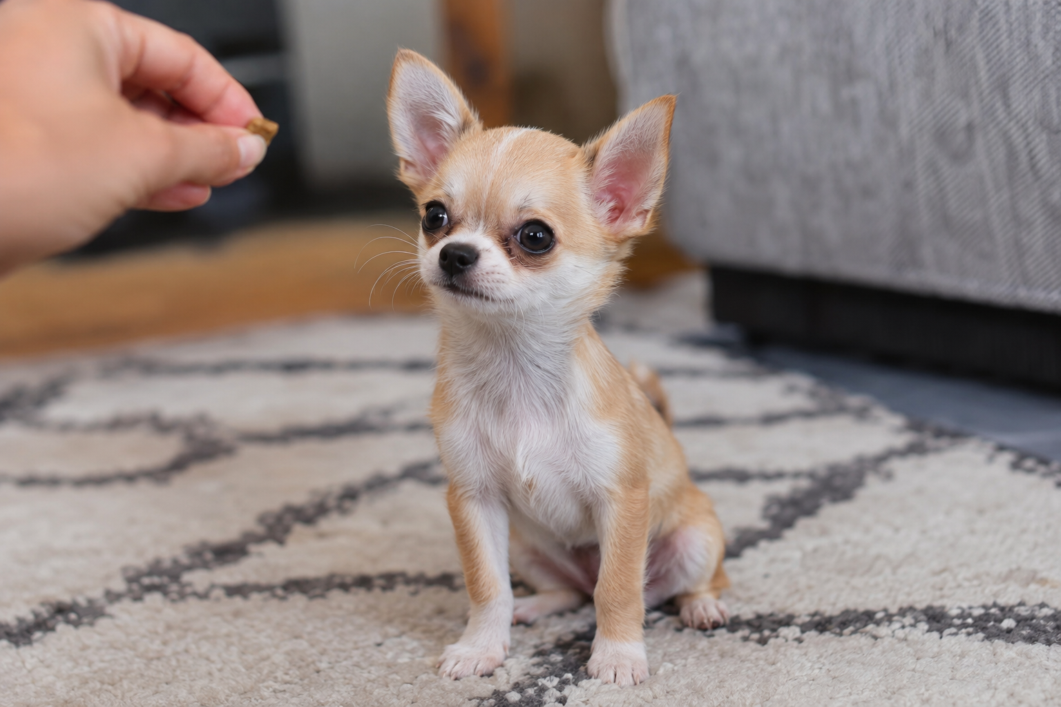 Tan and white Chihuahua puppy with upright ears sits on a patterned rug, watching a treat held in a hand.