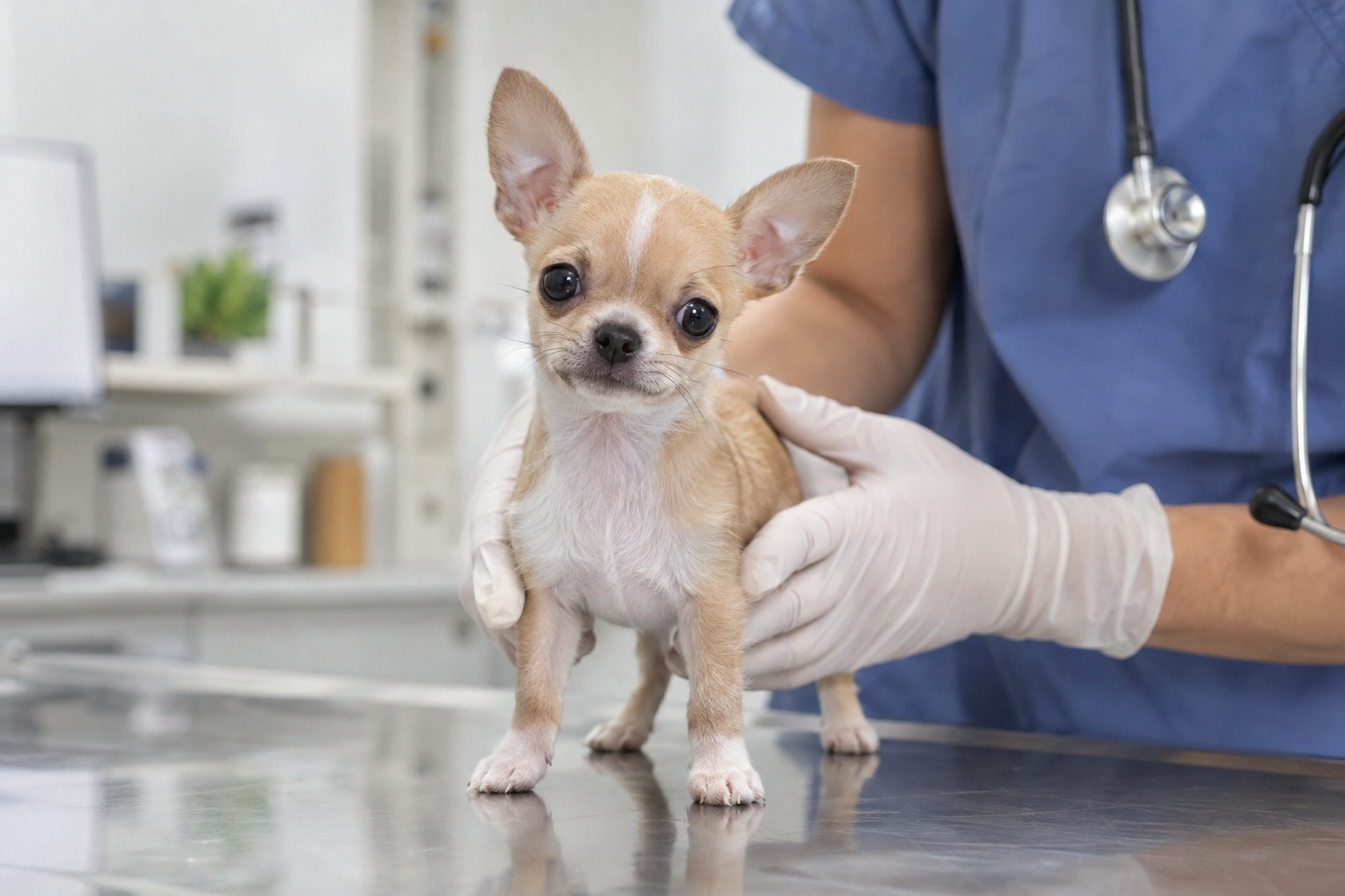 Tan and white Chihuahua puppy with upright ears standing on a metal table, supported by gloved hands.