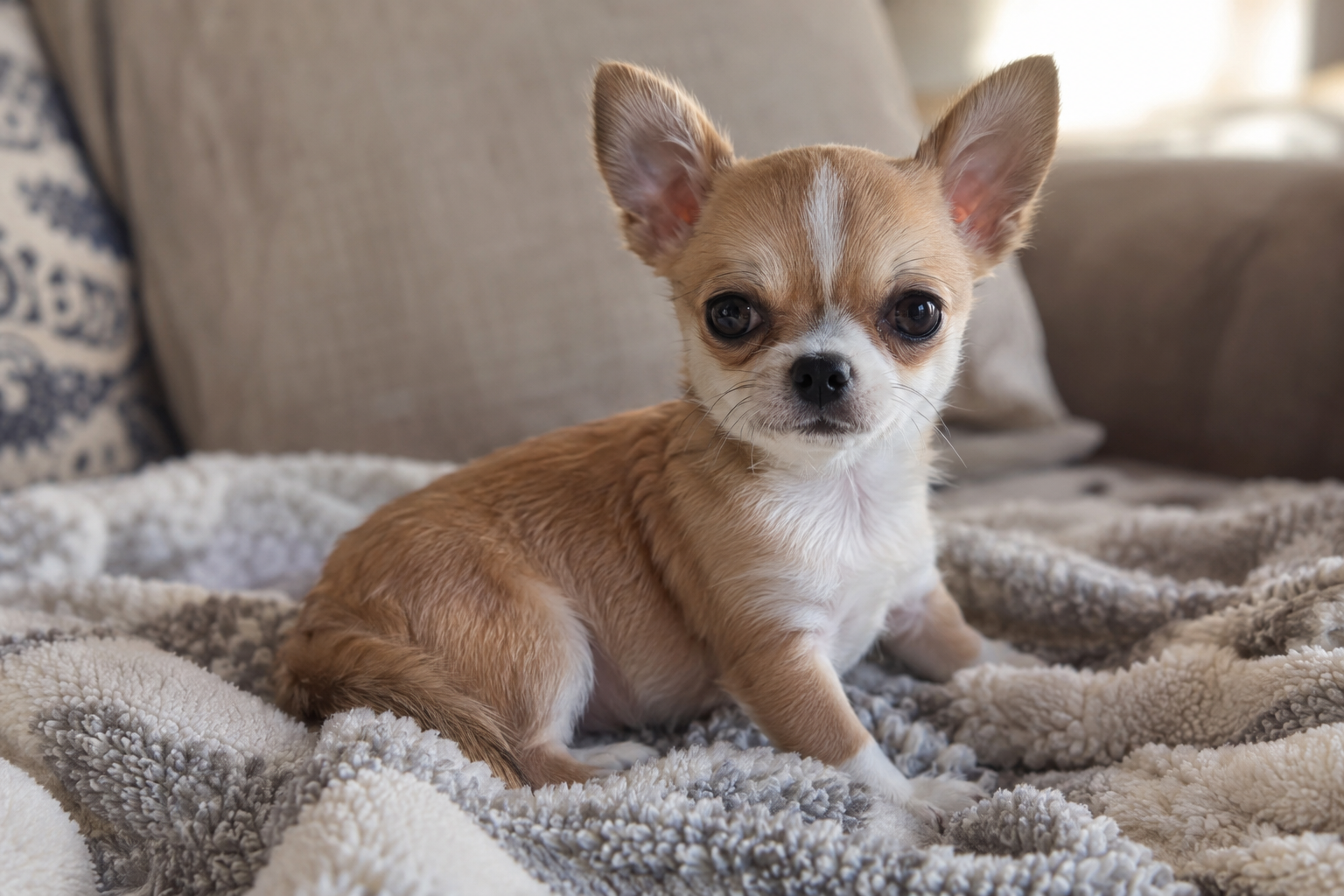 Tan and white Chihuahua puppy with upright ears sitting on a textured blanket on a beige sofa.
