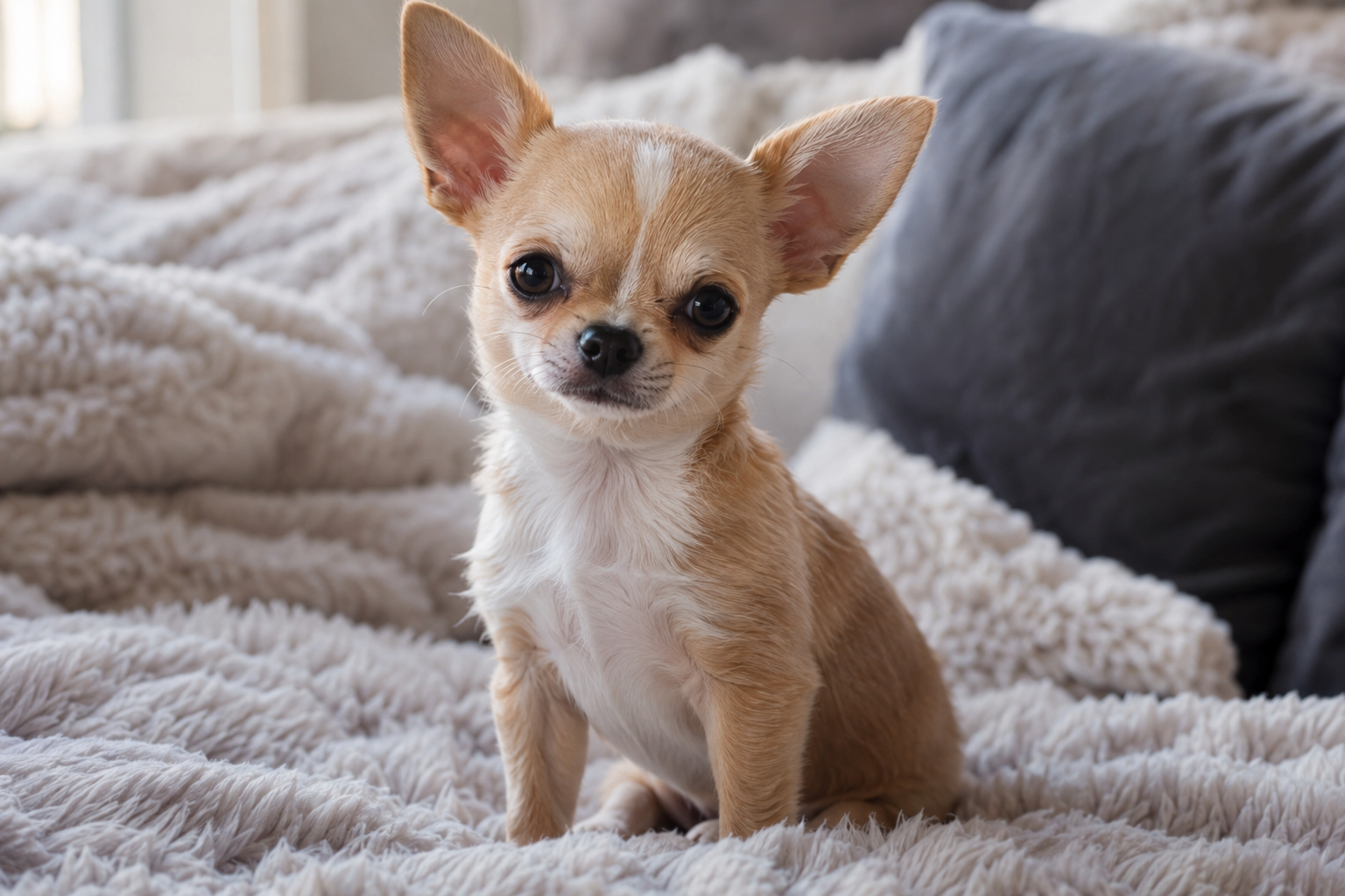 Tan and white Chihuahua puppy with upright ears sitting on a fluffy cream blanket beside a gray cushion.