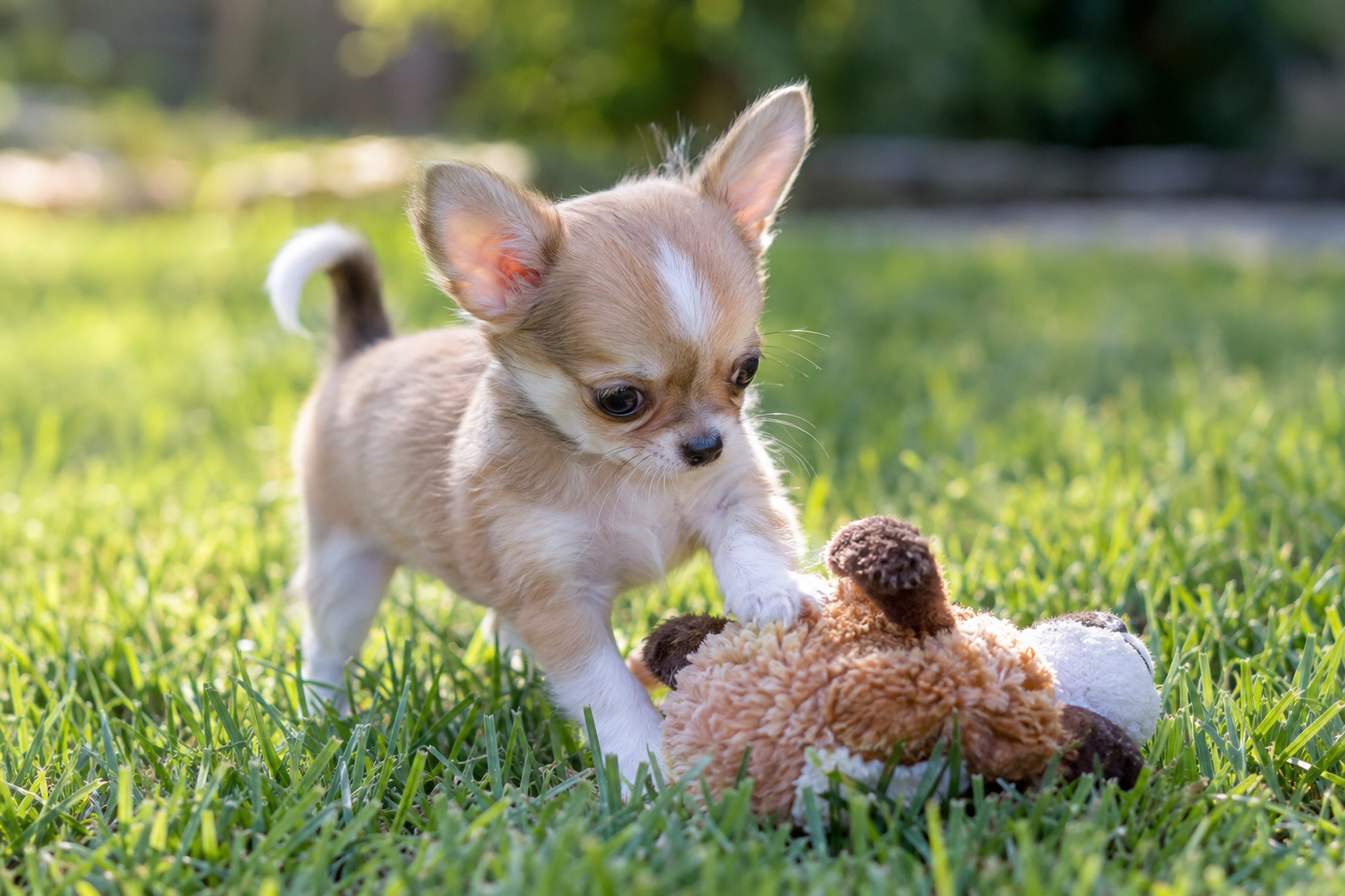 Tan and white Chihuahua puppy with upright ears and a curled tail, resting one paw on a plush toy in grass.