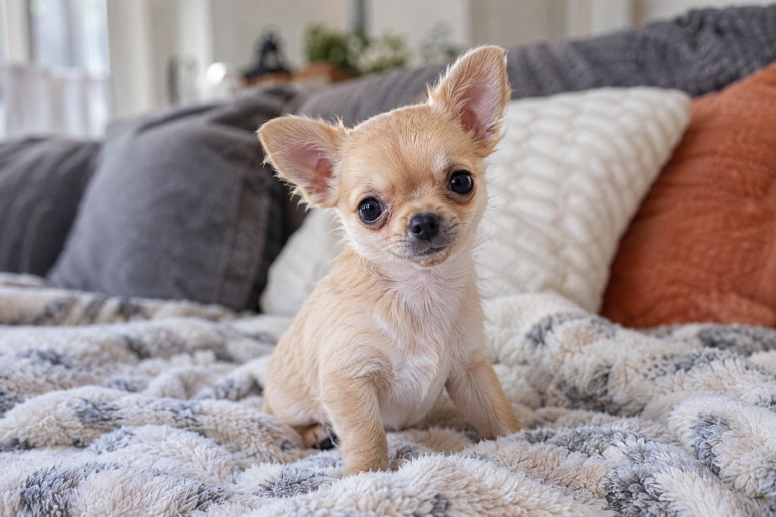 Tan Chihuahua puppy with large ears and a cream chest sitting on a fluffy blanket on a gray sofa.