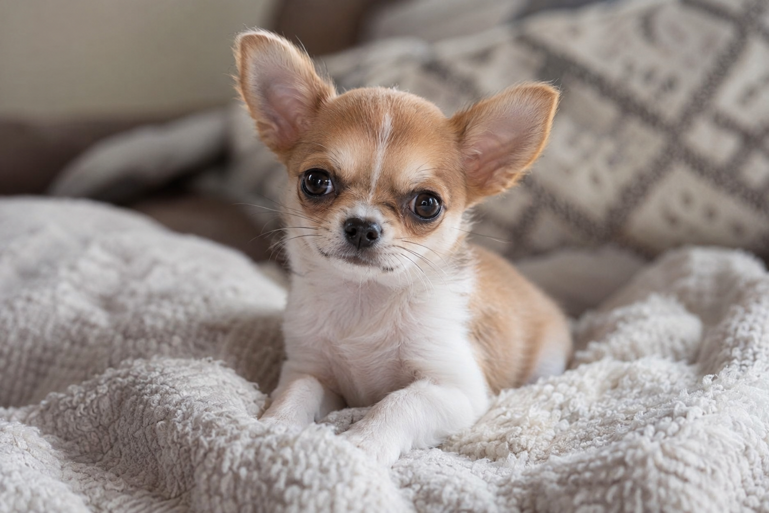 Tan and white Chihuahua puppy with upright ears and dark eyes resting on a cream textured blanket.