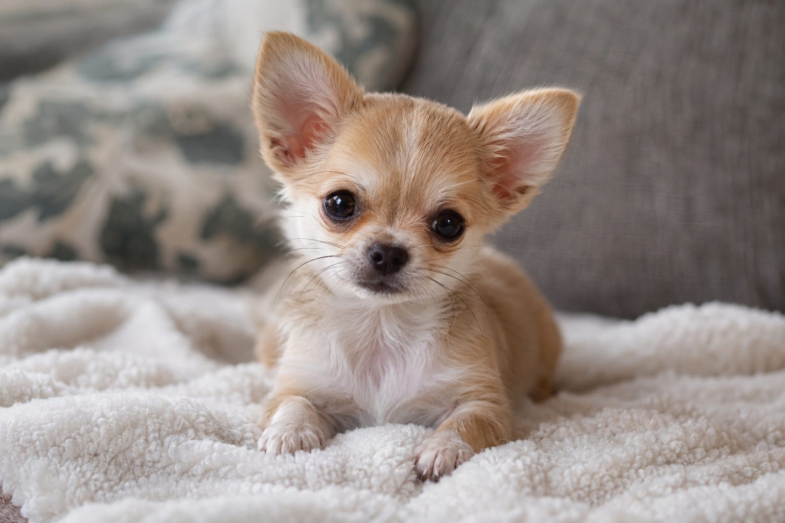 Tan and white Chihuahua puppy with upright ears and dark eyes lying on a fluffy white blanket.