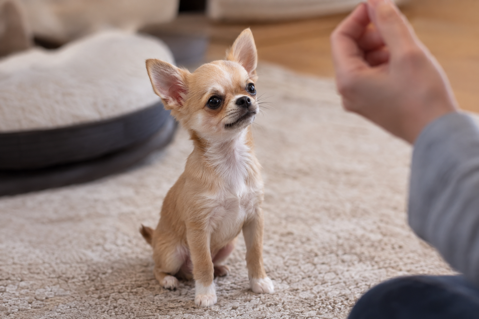 Tan and white Chihuahua puppy with upright ears sits on a cream rug, looking toward a raised hand.