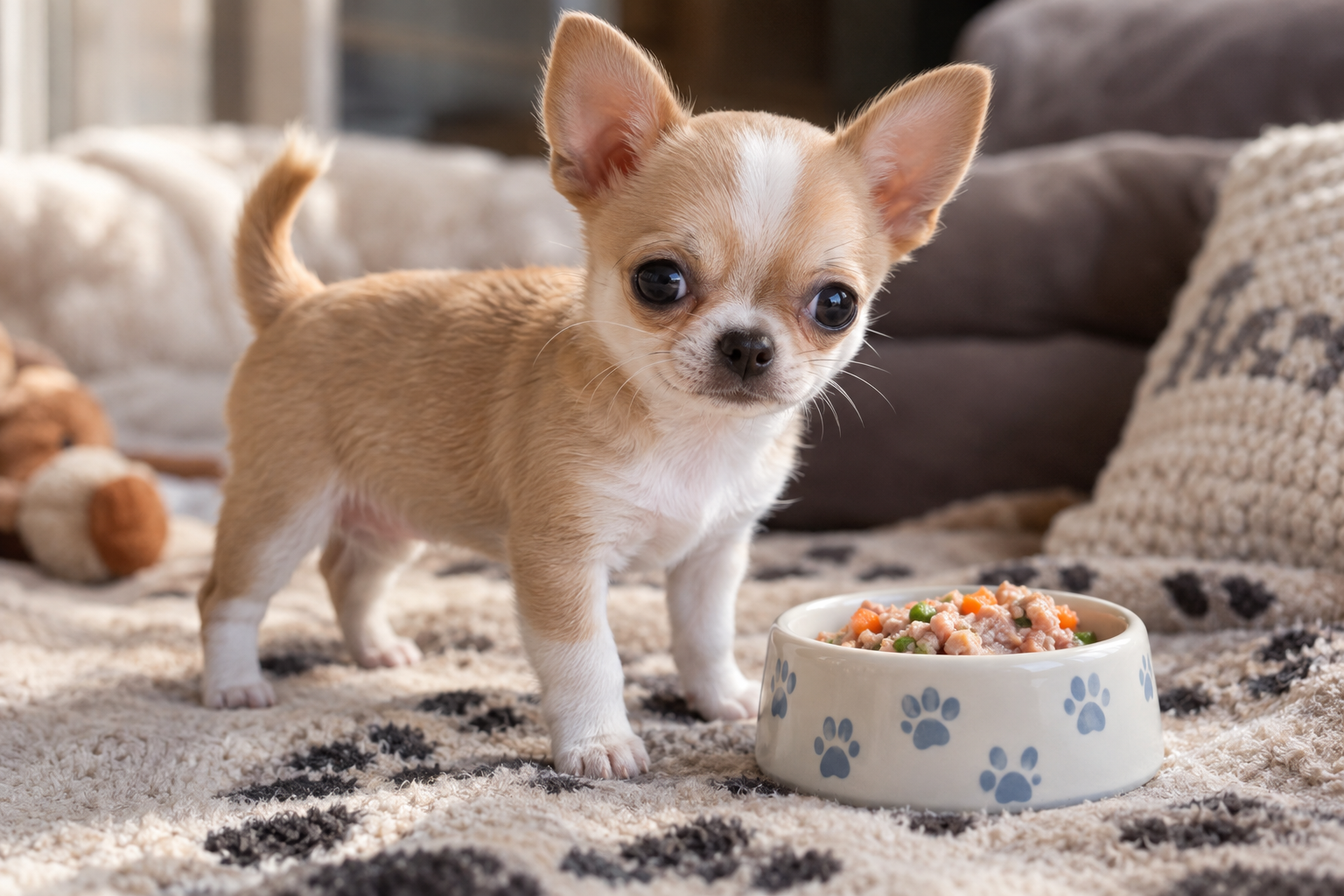 Tan and white Chihuahua puppy standing on a patterned blanket beside a paw-print food bowl.