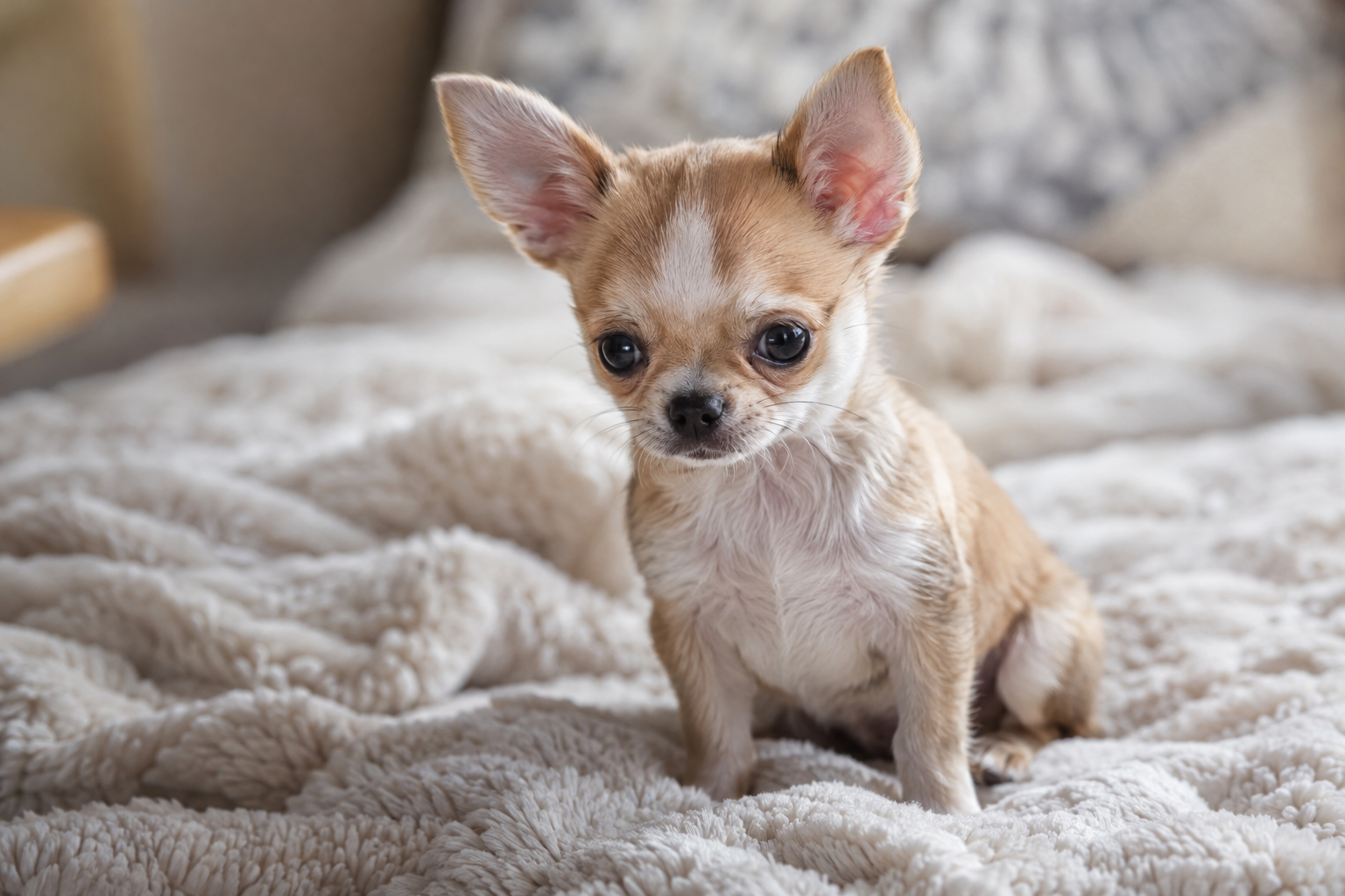 Tan and white Chihuahua puppy with upright ears and dark eyes sitting on a fluffy cream blanket.