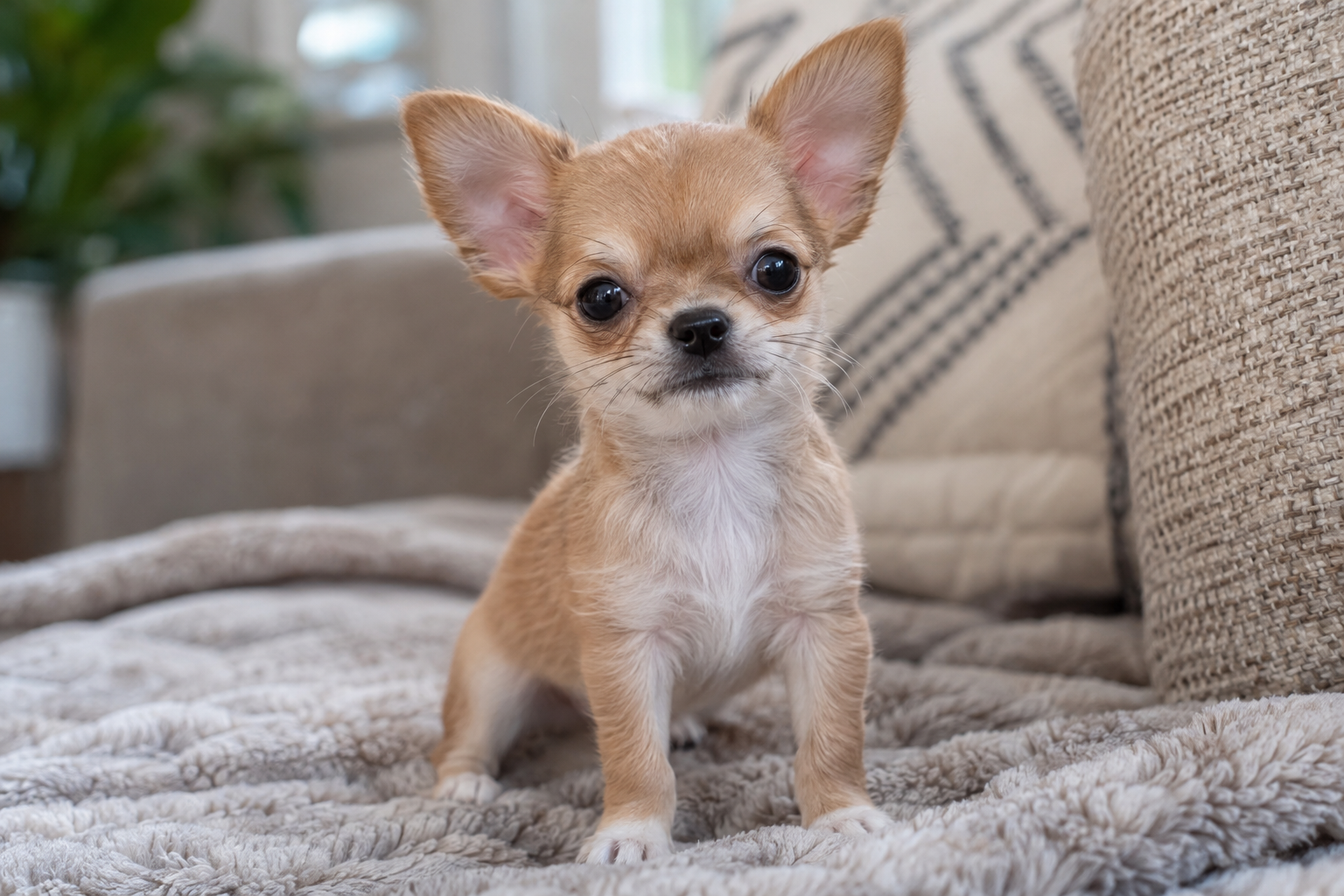 Tan Chihuahua puppy with upright ears, dark eyes, and a white chest sitting on a soft blanket on a sofa.