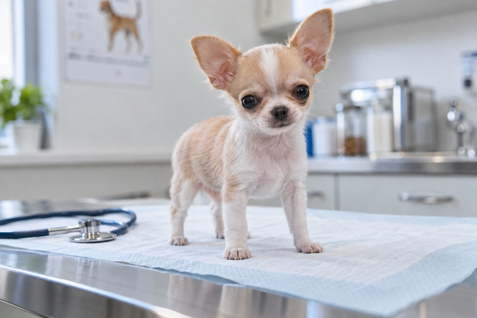 Tan and white Chihuahua puppy with upright ears standing on a padded exam table beside a stethoscope.