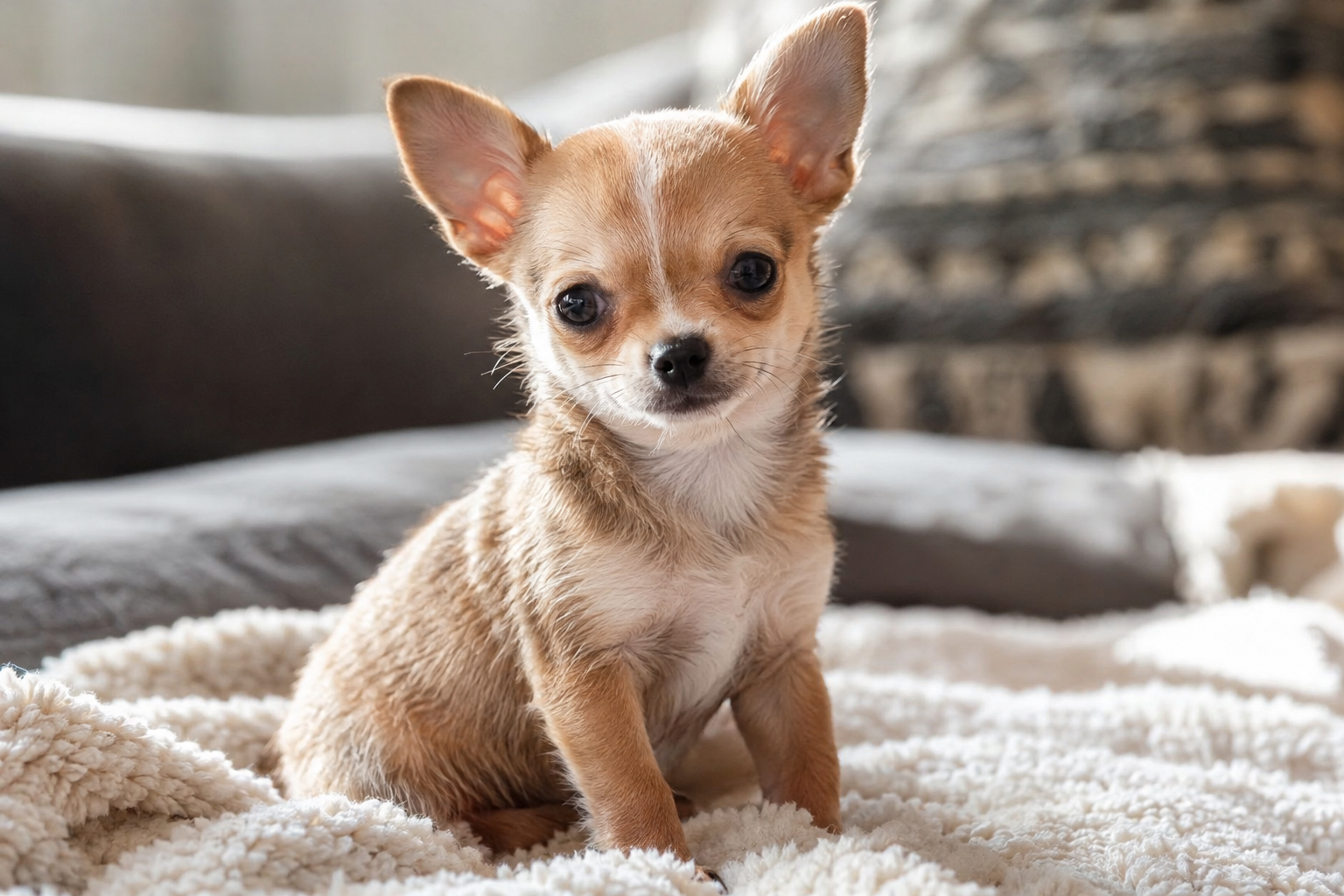 Tan and white Chihuahua puppy with upright ears sitting on a cream textured blanket.